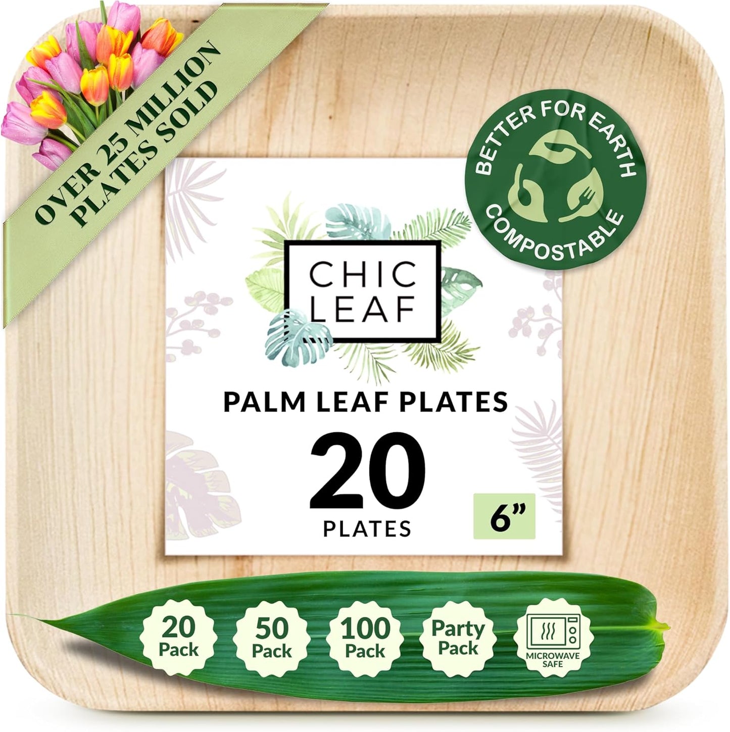 Chic Leaf Compostable & Biodegradable Palm Leaf Disposable Bamboo Plates - Disposable Party Plates for 4Th of July Appetizers & Charcuterie Boards (6'' - 50 Pack)