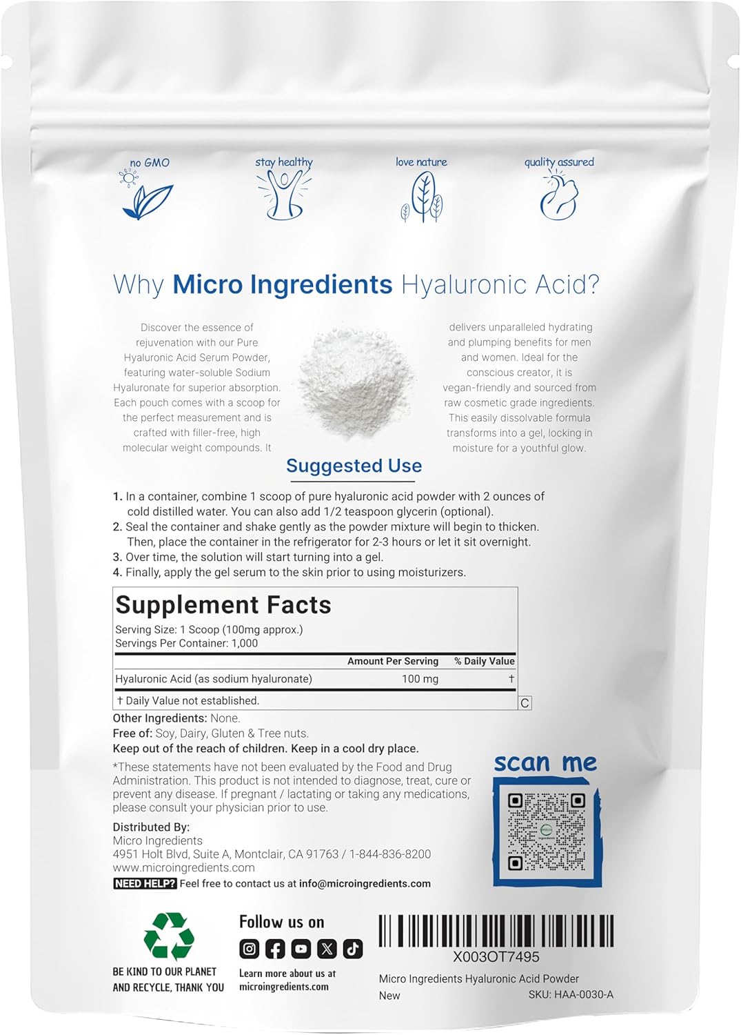 Micro Ingredients Hyaluronic Acid Serum Powder, 100 Grams | Low Molecular Weight, Cosmetics Grade | Skin Hydration and Moisture Support Supplements | Vegan, Water Soluble (Within 2 Hours)