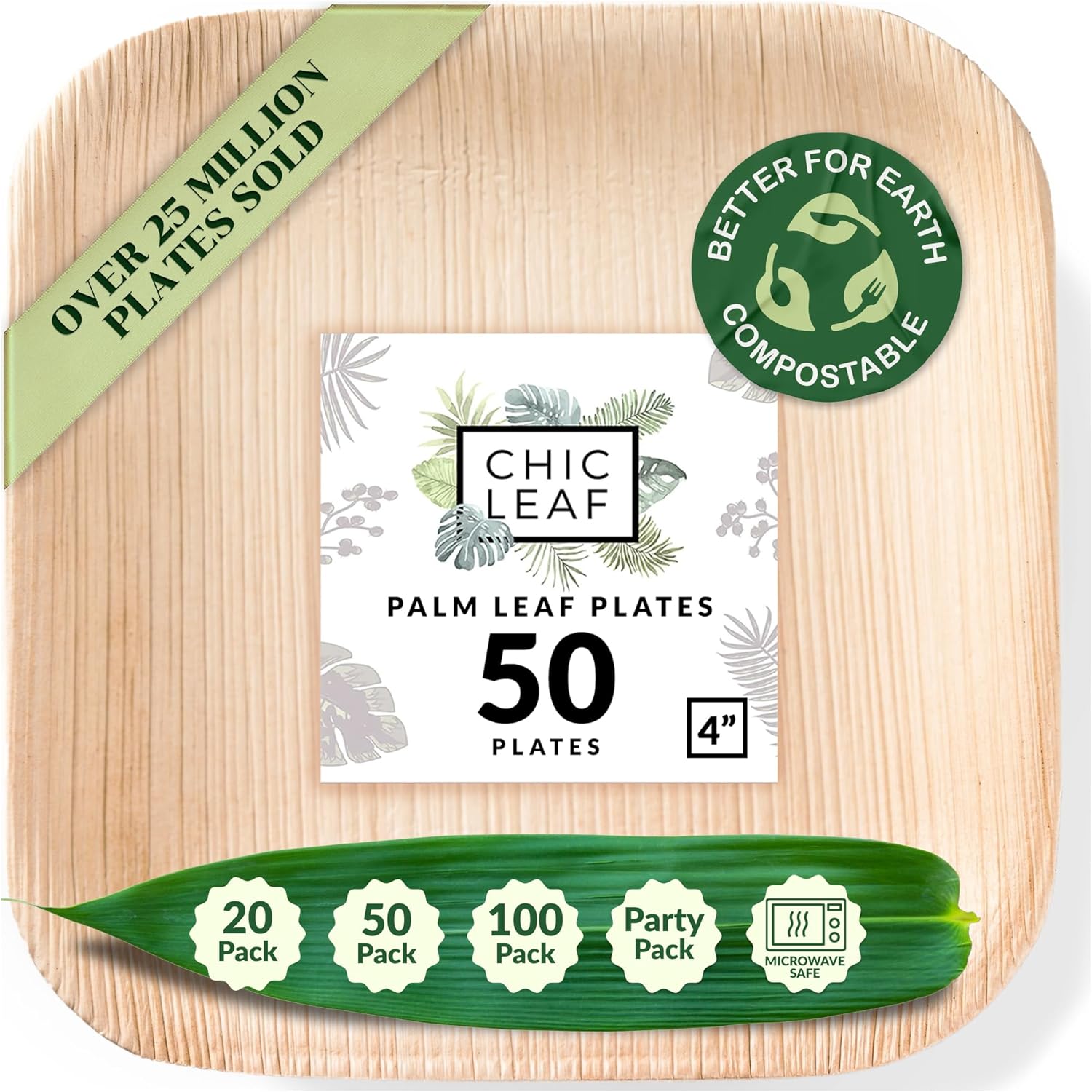 Chic Leaf Compostable & Biodegradable Palm Leaf Disposable Bamboo Plates - Disposable Party Plates for 4Th of July Appetizers & Charcuterie Boards (6'' - 50 Pack)