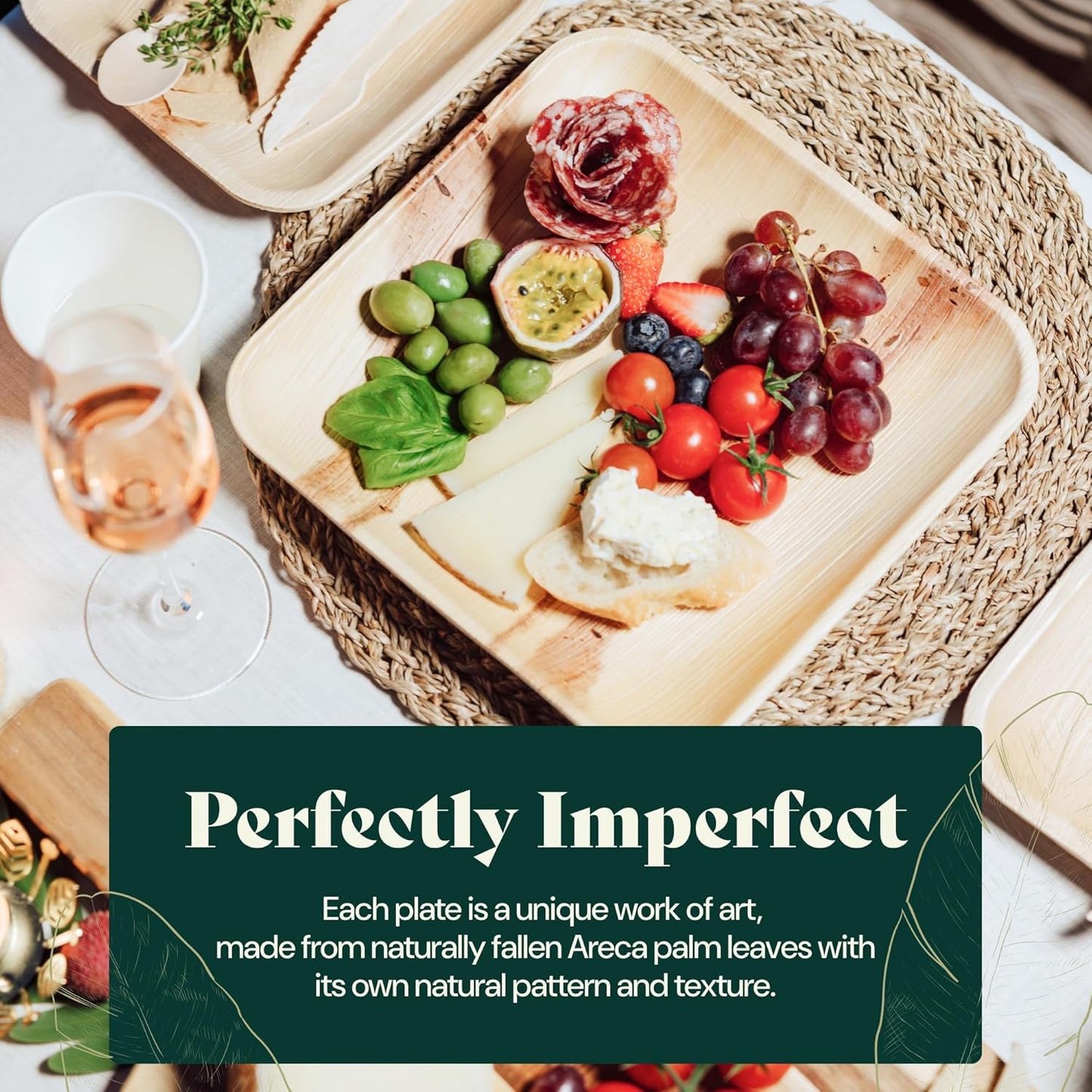 Chic Leaf Compostable & Biodegradable Palm Leaf Disposable Bamboo Plates - Disposable Party Plates for 4Th of July Appetizers & Charcuterie Boards (6'' - 50 Pack)