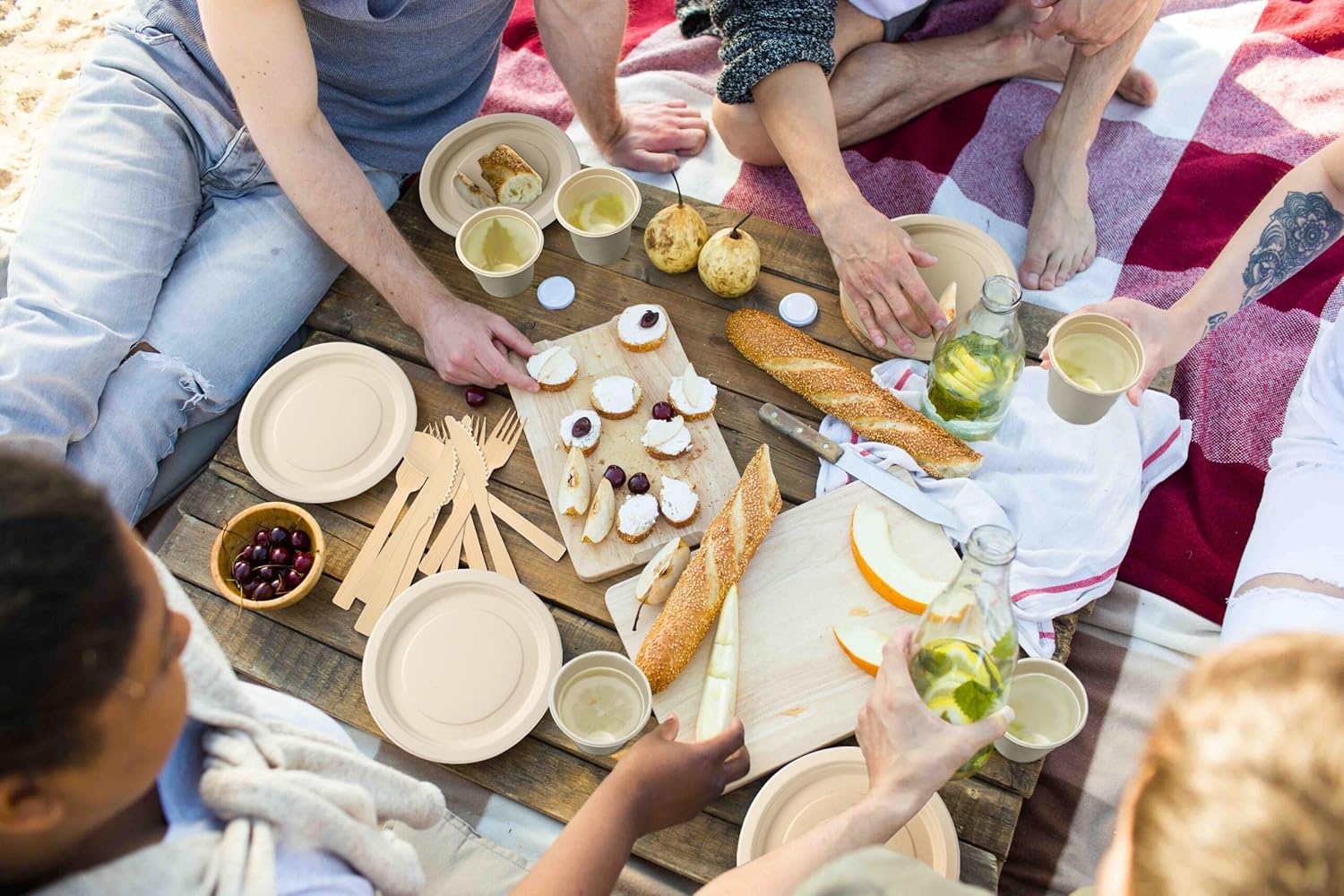 200Pcs Compostable Paper Set Eco-Friendly Heavy-Duty Disposable Plates Cutlery Utensils, Bamboo Plates Bowls Forks Knives Spoons Cups Straws Fruit Sticks for Wedding Party Picnic