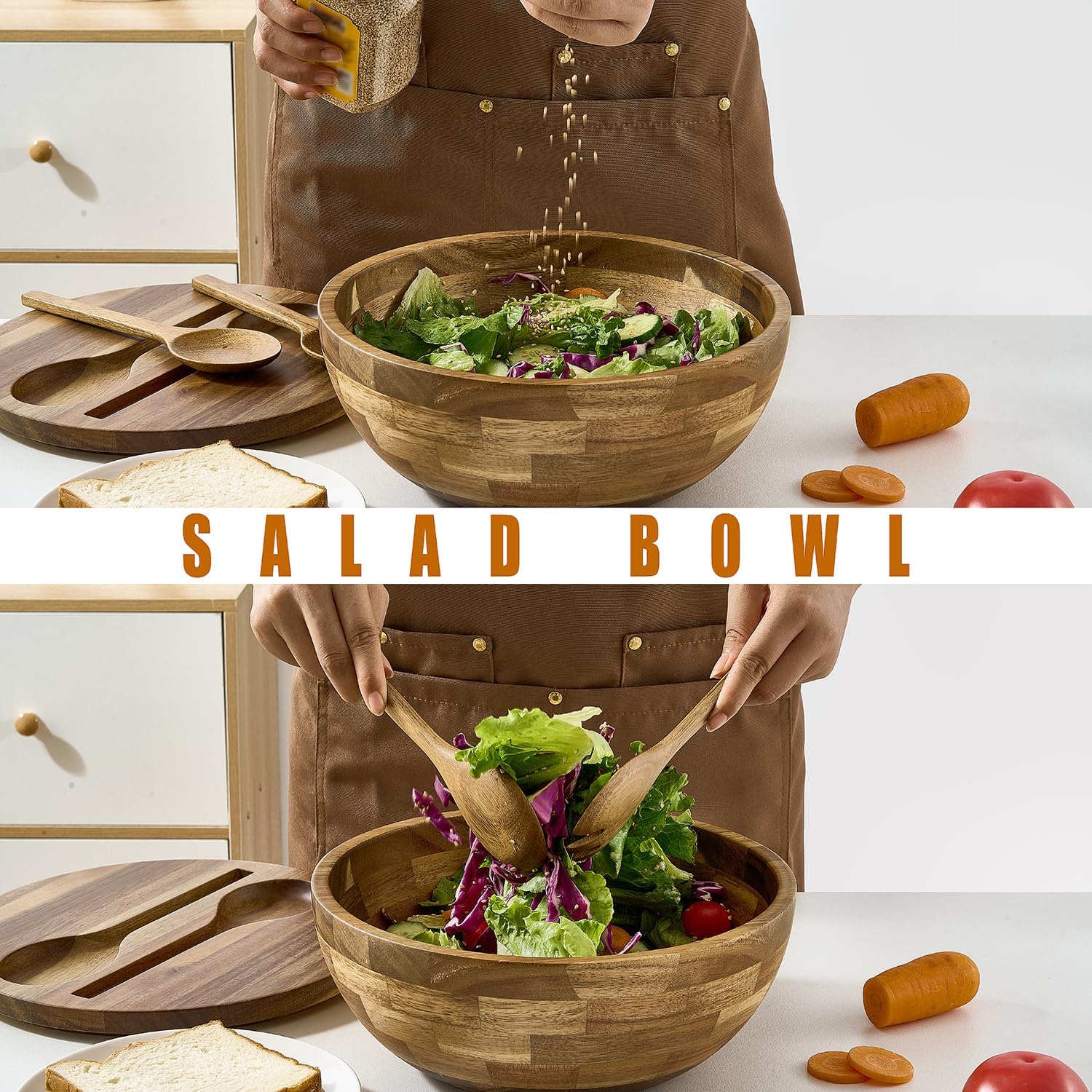 Acacia Wooden Salad Bowl with Lid, Built-In Acacia Wood Utensils, 10.5" Large Wood Serving Bowls for Fruits, Salad, and Vegetables, Big Wood Salad Bowls Set 4-Piece, All-In-One Design