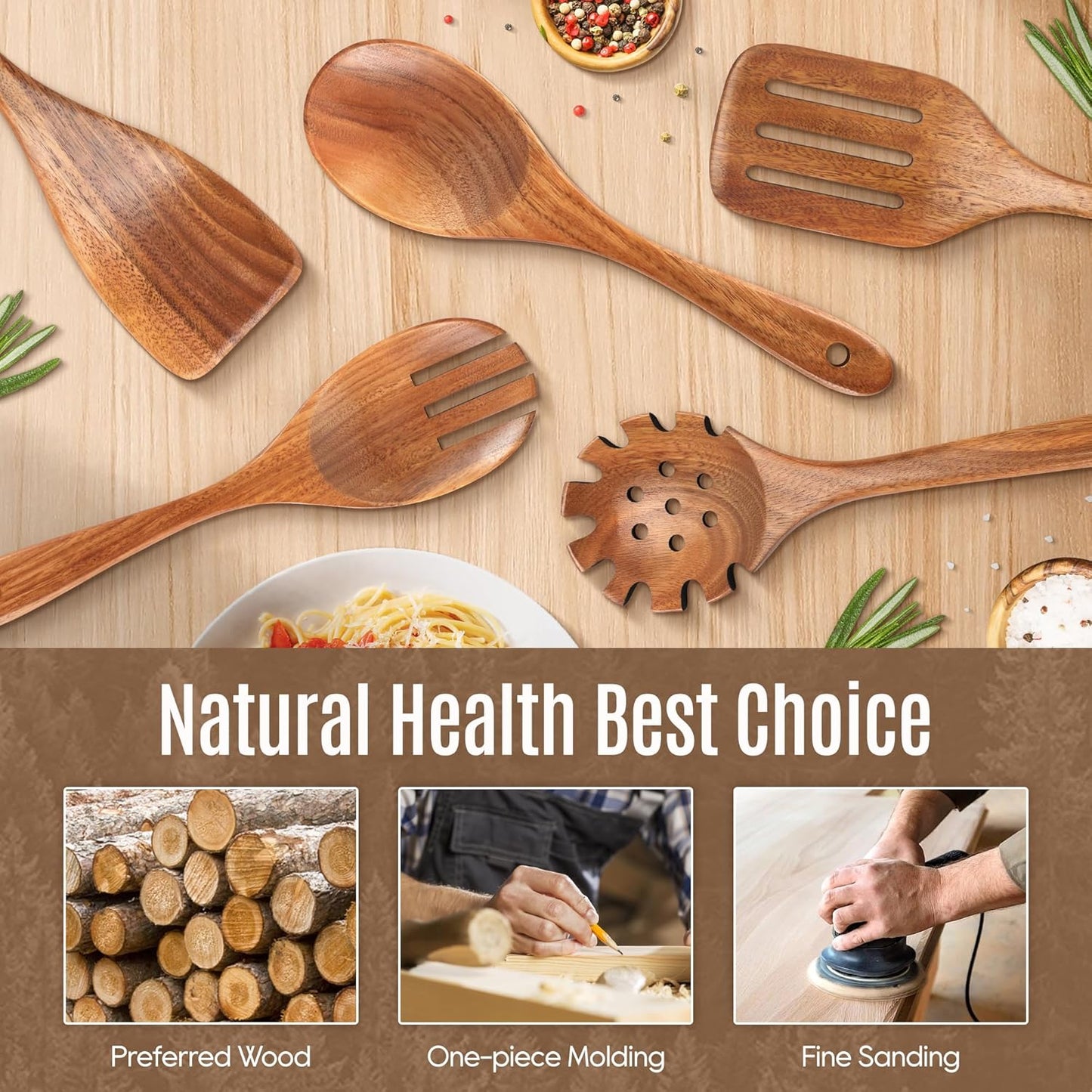 5 PCS Wooden Spoons for Cooking Natural Teak Kitchen Utensils Set Smooth Non-Stick Surface Cooking Utensils Set Soft Comfort-Grip Wooden Spatula Set