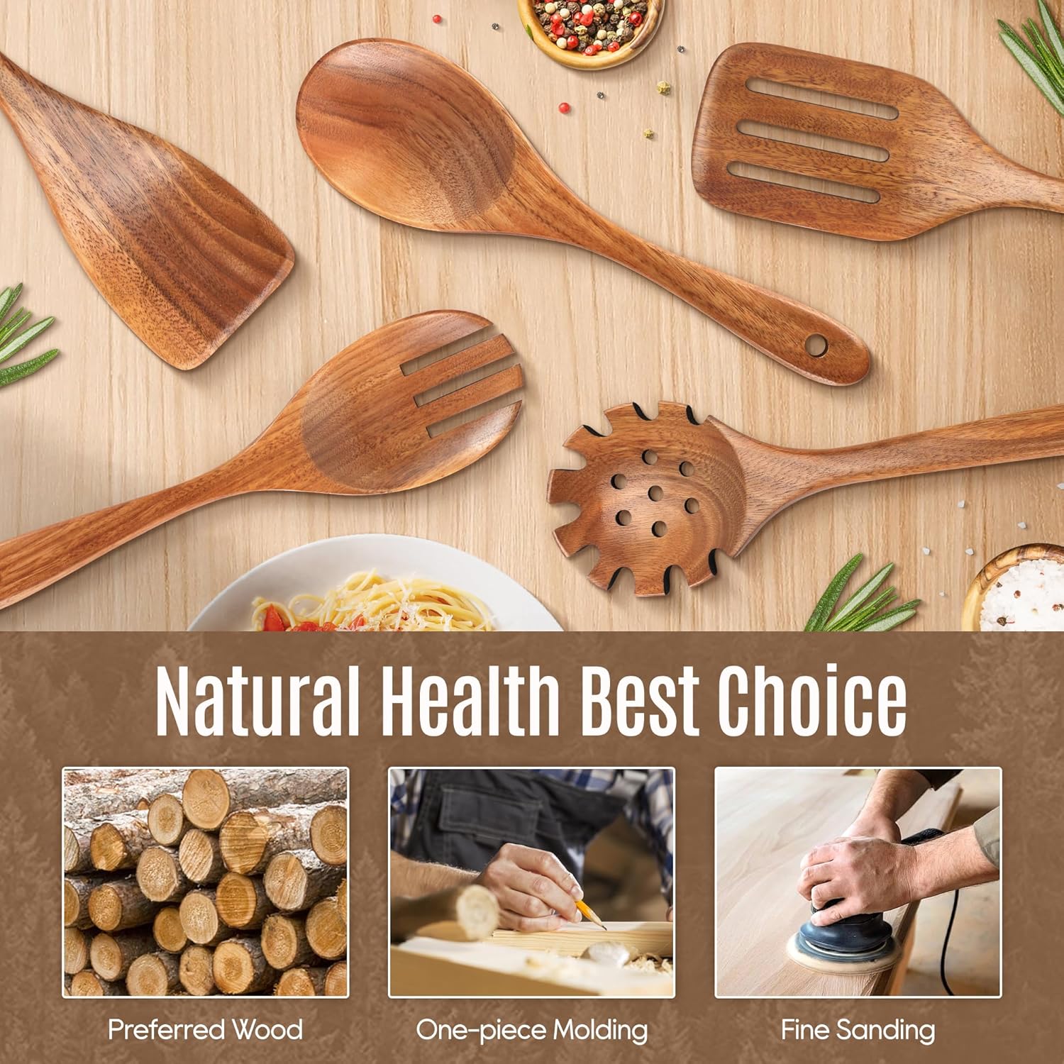 5 PCS Wooden Spoons for Cooking Natural Teak Kitchen Utensils Set Smooth Non-Stick Surface Cooking Utensils Set Soft Comfort-Grip Wooden Spatula Set