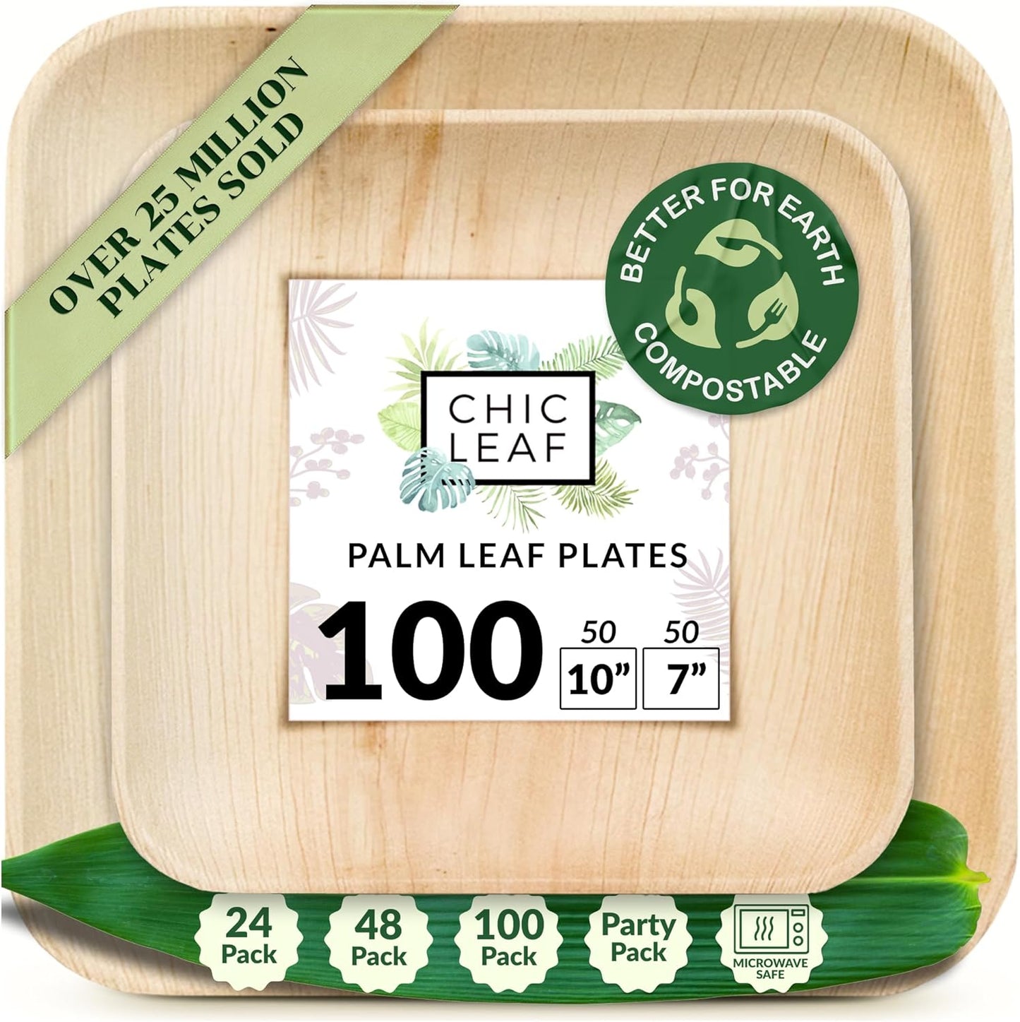 Chic Leaf Compostable & Biodegradable Palm Leaf Disposable Bamboo Plates - Disposable Party Plates for 4Th of July Appetizers & Charcuterie Boards (6'' - 50 Pack)