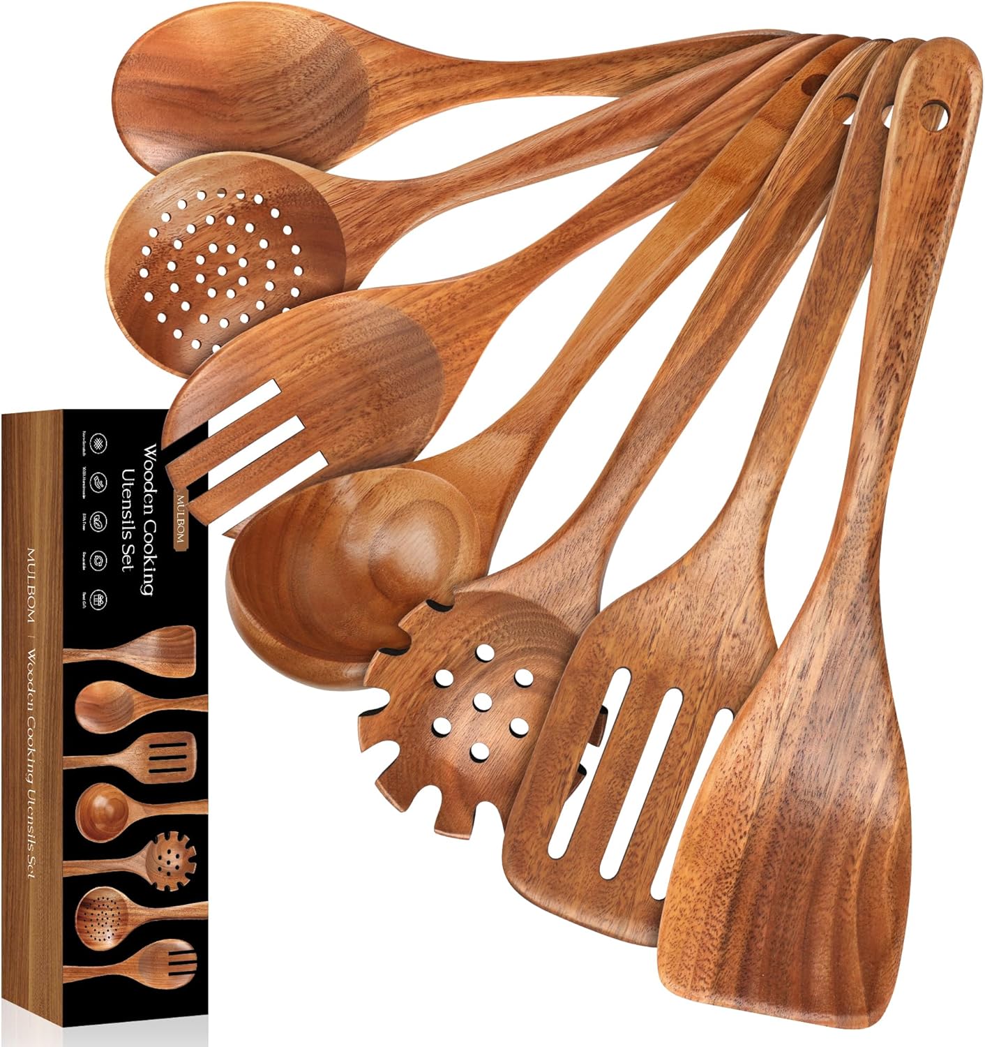 5 PCS Wooden Spoons for Cooking Natural Teak Kitchen Utensils Set Smooth Non-Stick Surface Cooking Utensils Set Soft Comfort-Grip Wooden Spatula Set