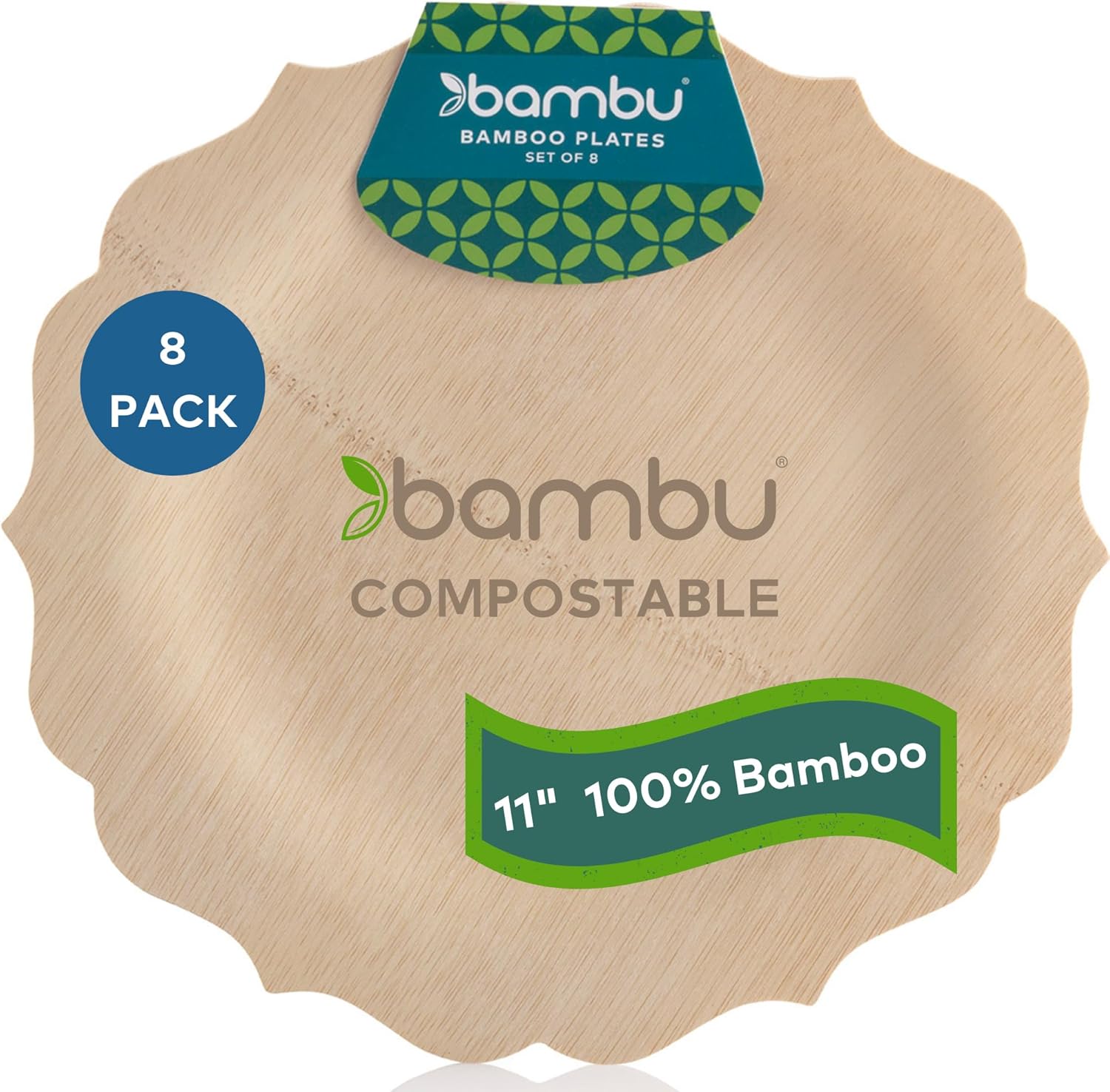 Bambu Pack of 25-11 Inch Disposable Bamboo Plates Fancy, Biodegradable Eco Friendly Products, Bamboo Disposable Plates for Party, Weddings, and Events, Great for Any Occasion, Compostable Plates