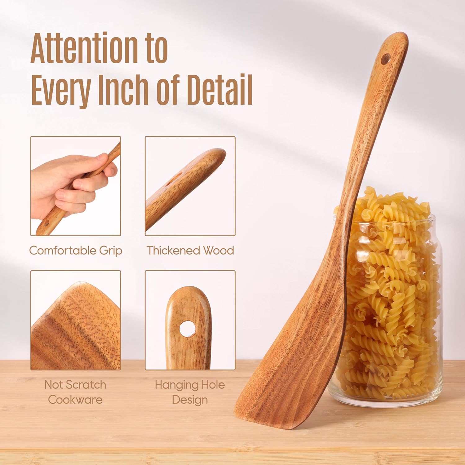 5 PCS Wooden Spoons for Cooking Natural Teak Kitchen Utensils Set Smooth Non-Stick Surface Cooking Utensils Set Soft Comfort-Grip Wooden Spatula Set
