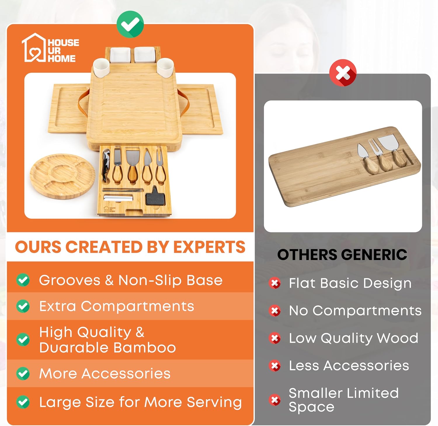 Large Bamboo Charcuterie Boards Gift Set with 4 Hidden Drawers, Cheese Knives, Ceramic Bowls & Plates, Recipe Book, Perfect House Warming Gifts New Home