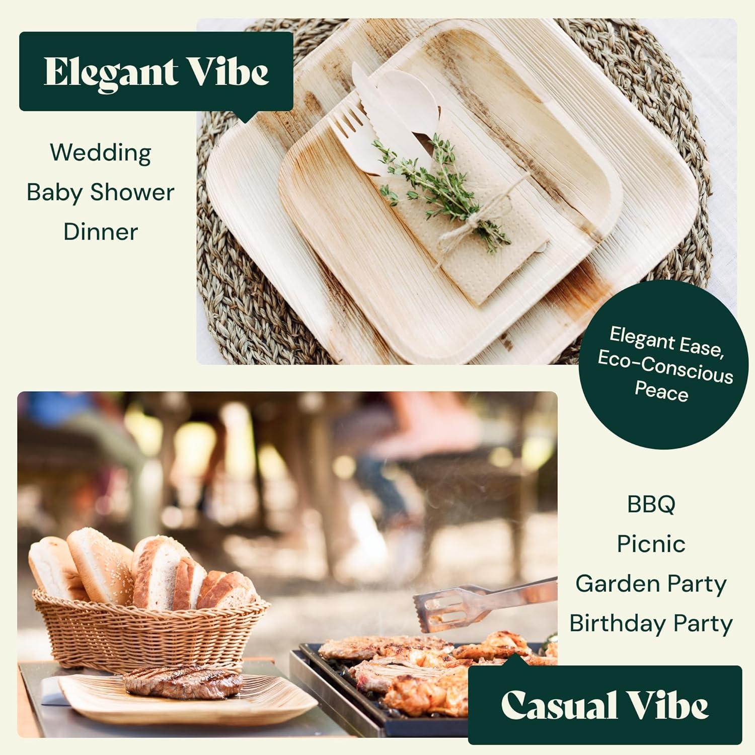 Chic Leaf Compostable & Biodegradable Palm Leaf Disposable Bamboo Plates - Disposable Party Plates for 4Th of July Appetizers & Charcuterie Boards (6'' - 50 Pack)