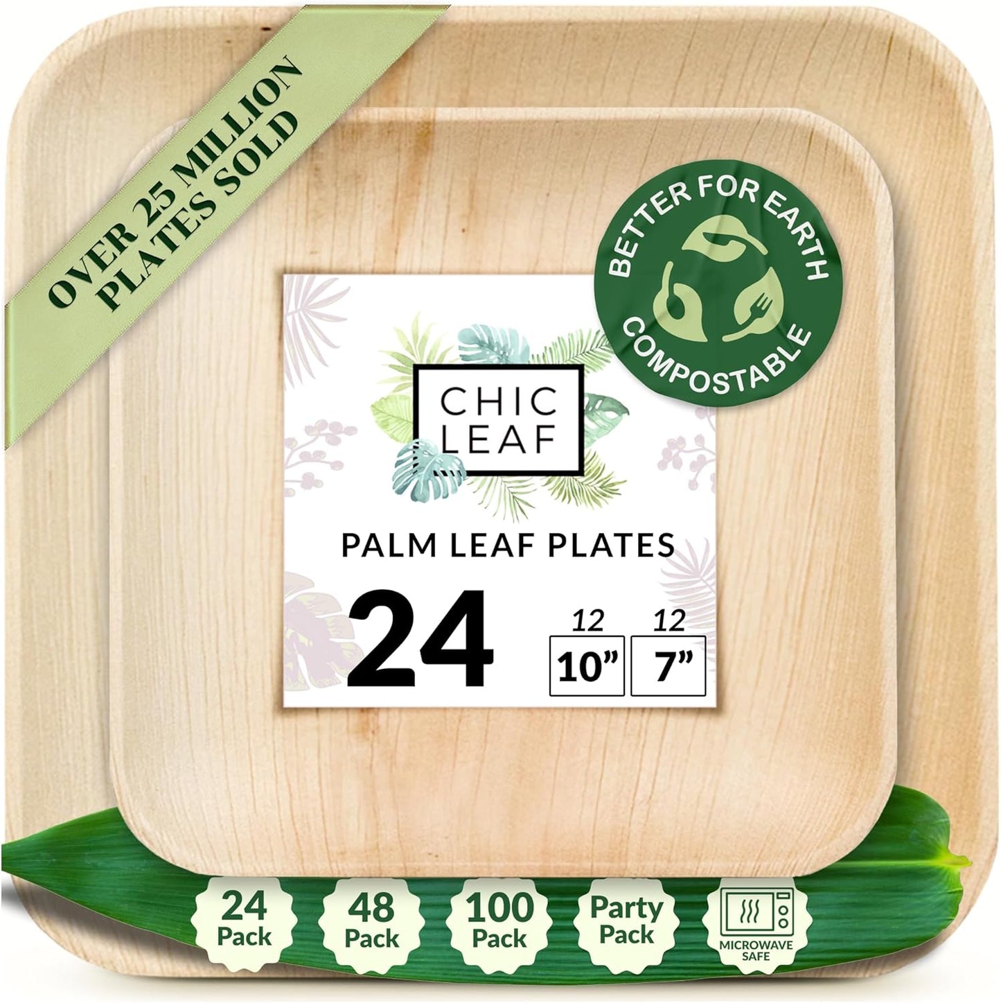 Chic Leaf Compostable & Biodegradable Palm Leaf Disposable Bamboo Plates - Disposable Party Plates for 4Th of July Appetizers & Charcuterie Boards (6'' - 50 Pack)