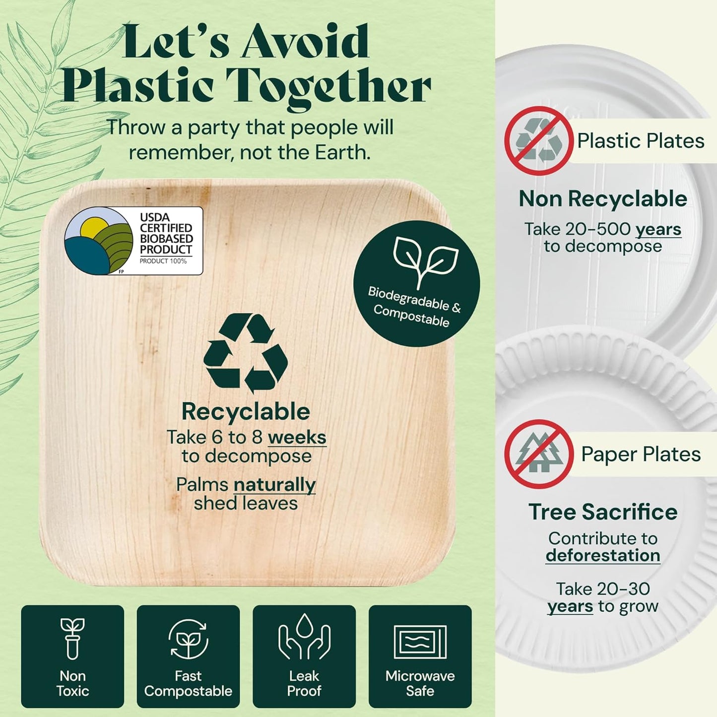 Chic Leaf Compostable & Biodegradable Palm Leaf Disposable Bamboo Plates - Disposable Party Plates for 4Th of July Appetizers & Charcuterie Boards (6'' - 50 Pack)