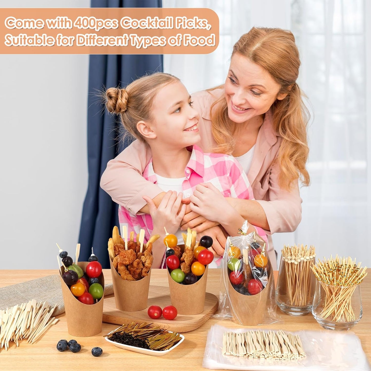 400PCS Cocktail Picks, Sublaga 4.7" Eco-Friendly Natural Bamboo Ball Food Picks, Fancy Toothpicks for Appetizers, Drinks Party Fruit, Bamboo Gold Ball Food Sticks Charcuterie Boards Accessories