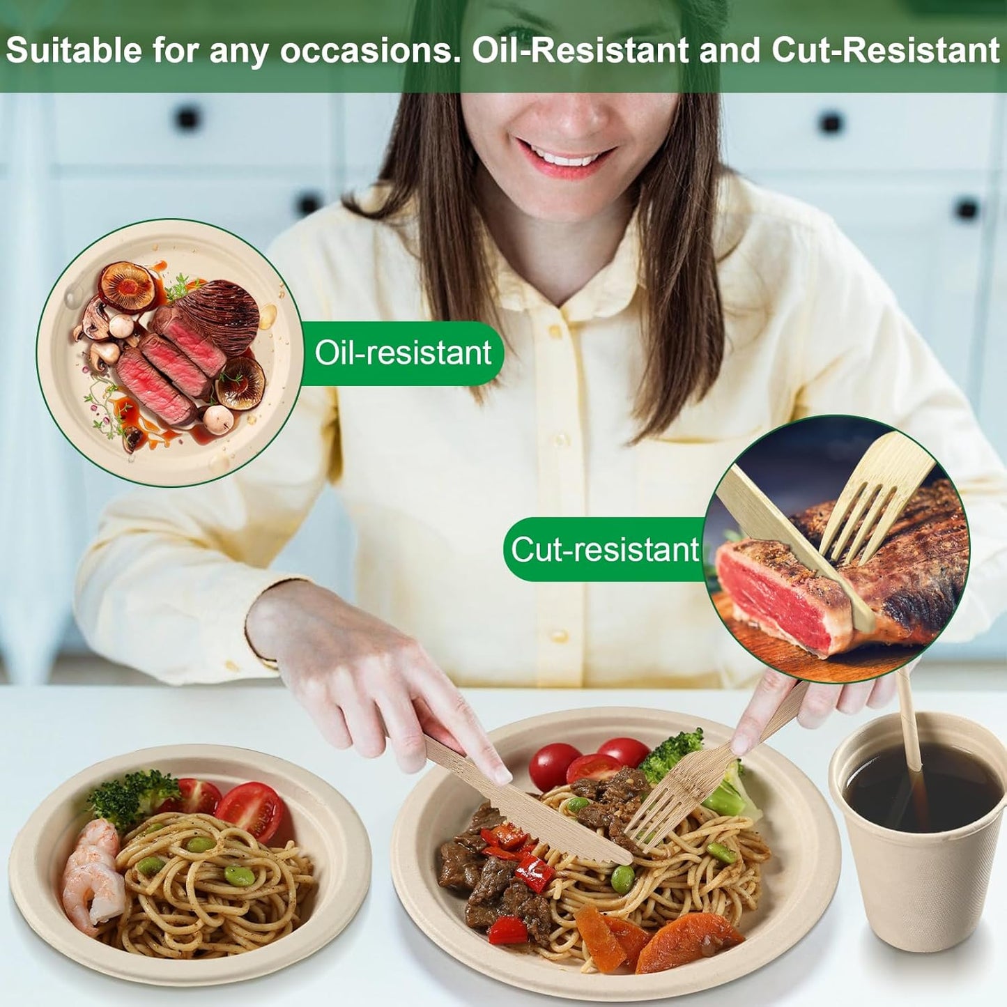 200Pcs Compostable Paper Set Eco-Friendly Heavy-Duty Disposable Plates Cutlery Utensils, Bamboo Plates Bowls Forks Knives Spoons Cups Straws Fruit Sticks for Wedding Party Picnic