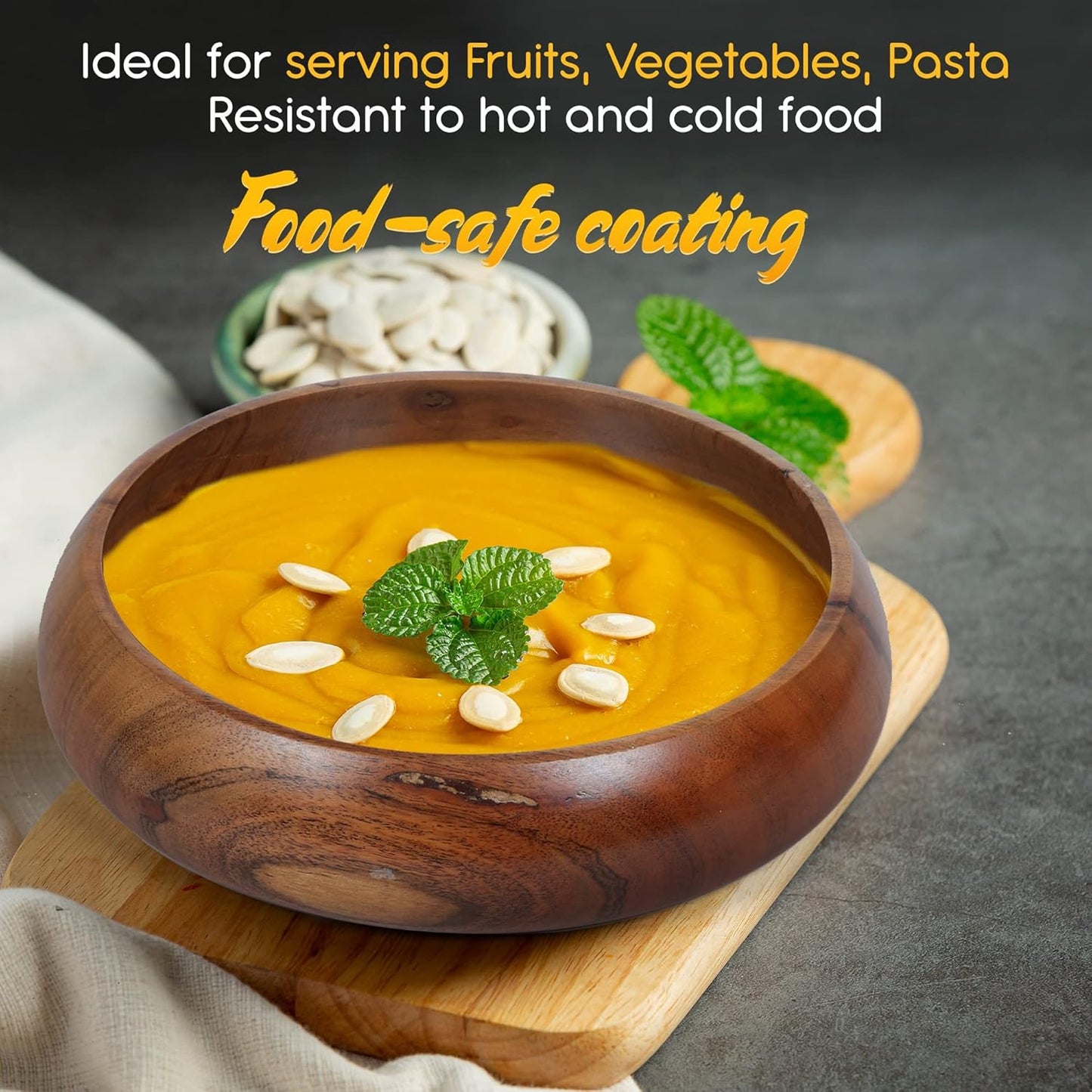 Acacia Wooden Salad Bowls Set of 2, Large Individual Bowls 8 X 2 Inches (25 Oz) with Food Safe Wood Coating | Jointless Plates Type Wood Bowl for Food