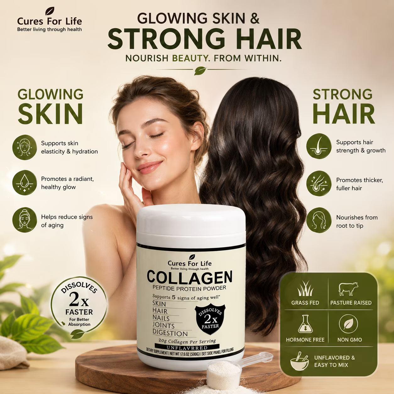 Collagen Peptides Powder Hydrolyzed Unflavored Non-GMO Kosher Keto Supports Skin Hair Nails Joints Digestion 500g