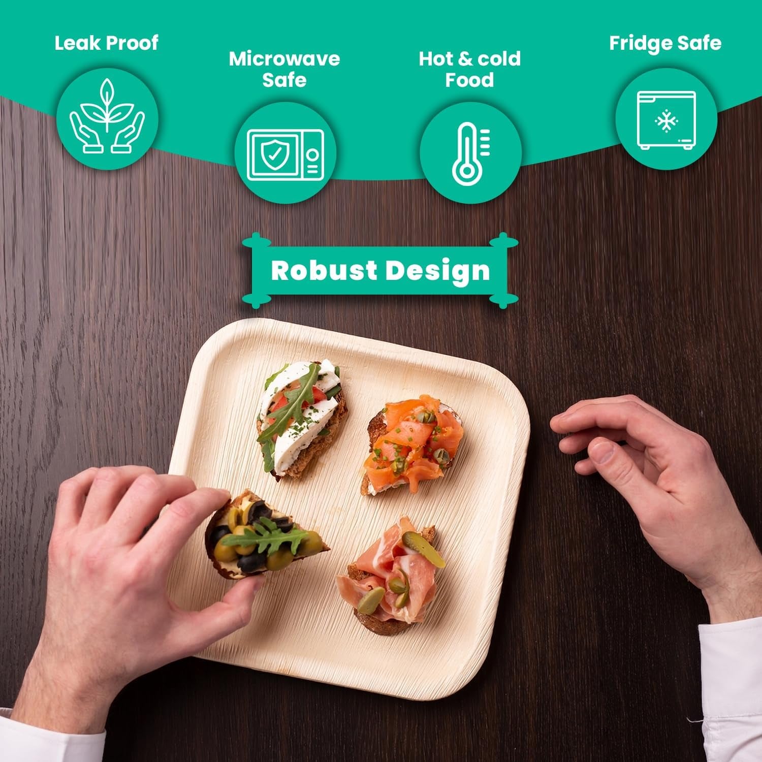 Disposable Bamboo Plates with Cutlery – 150Pc 8 Inch Square Plates Set with 50 Wooden Knives and Forks – Biodegradable Nature-Friendly