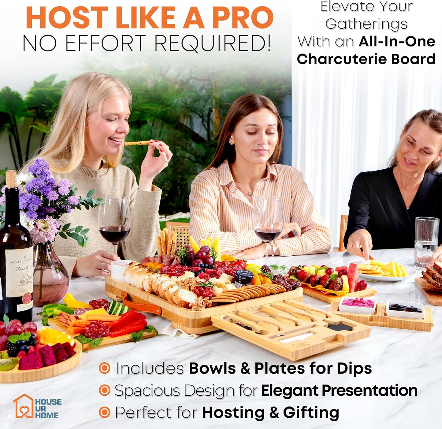 Large Bamboo Charcuterie Boards Gift Set with 4 Hidden Drawers, Cheese Knives, Ceramic Bowls & Plates, Recipe Book, Perfect House Warming Gifts New Home