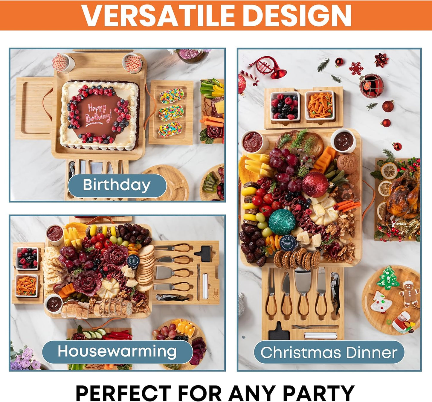 Large Bamboo Charcuterie Boards Gift Set with 4 Hidden Drawers, Cheese Knives, Ceramic Bowls & Plates, Recipe Book, Perfect House Warming Gifts New Home