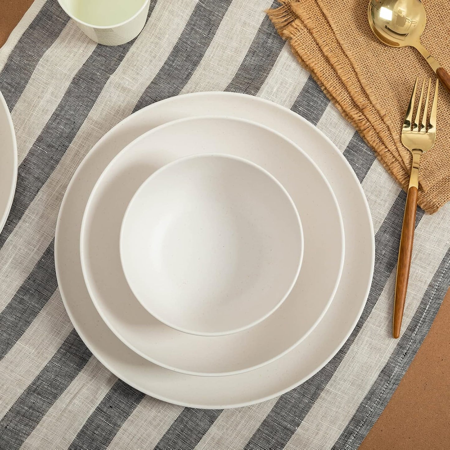 LEHAHA Bamboo White Kitchen Plates and Bowls Set, 12 Piece Non-Breakable Melamine Dinnerware Sets, Eco-Friendly Dishes Sets for 4, 12 Piece Reusable Tableware Set for Outdoor Dining, Patios, Rvs, BBQ