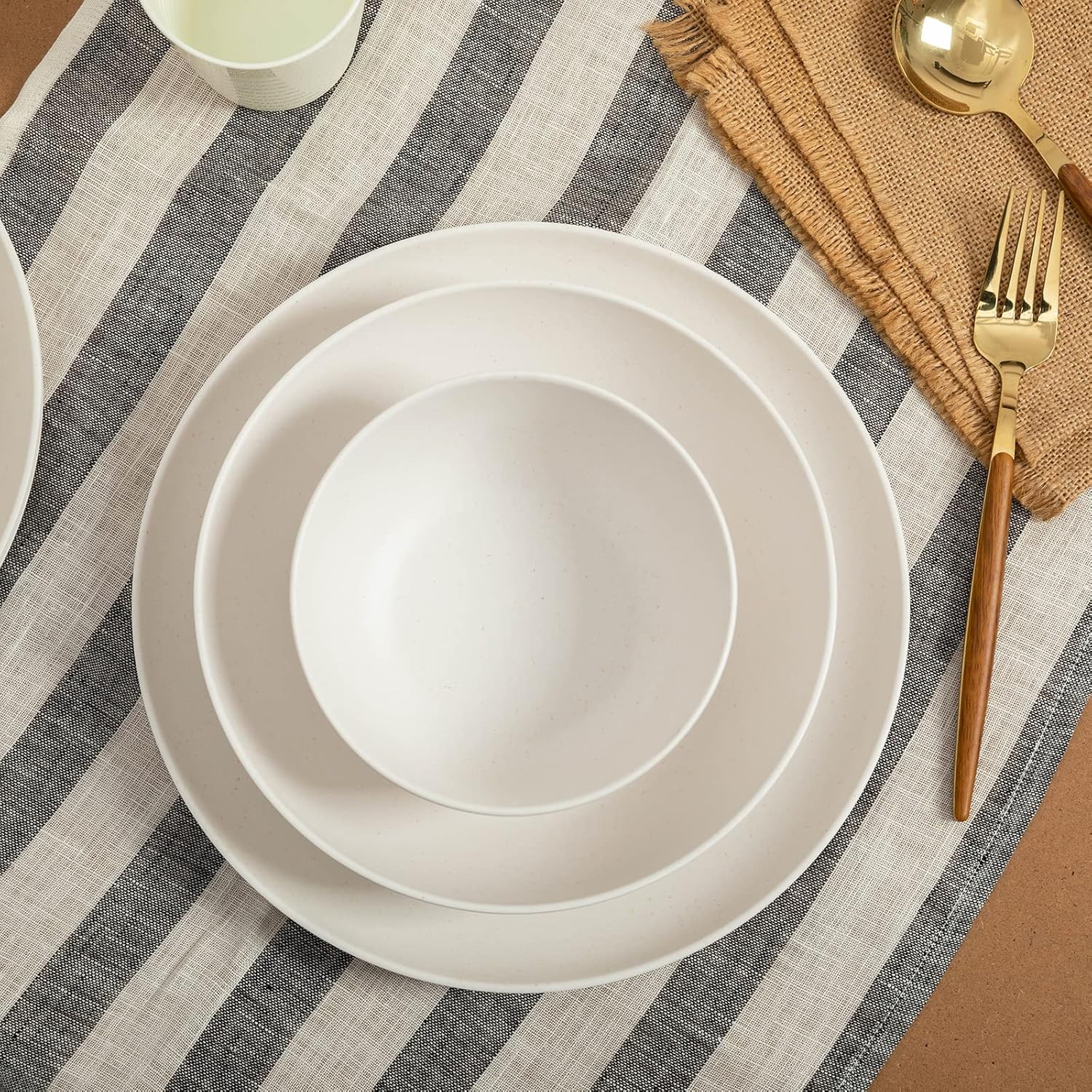 LEHAHA Bamboo White Kitchen Plates and Bowls Set, 12 Piece Non-Breakable Melamine Dinnerware Sets, Eco-Friendly Dishes Sets for 4, 12 Piece Reusable Tableware Set for Outdoor Dining, Patios, Rvs, BBQ