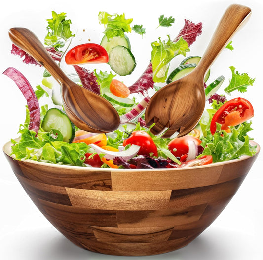 Acacia Wood Salad Bowl Set with Spoon, Fork - Large Salad Bowl with Serving Utensils - Big Mixing Bowl for Fruits, Salad, Pasta (12.2" Diameter X 4.75" Height) (Acacia Color)
