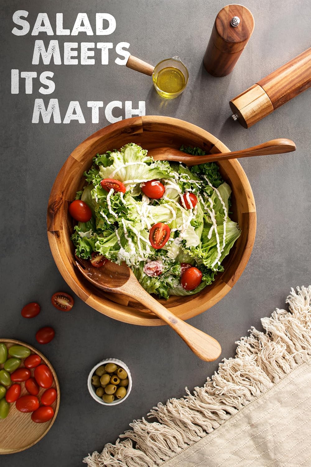 Acacia Wood Salad Bowl Set with Spoon, Fork - Large Salad Bowl with Serving Utensils - Big Mixing Bowl for Fruits, Salad, Pasta (12.2" Diameter X 4.75" Height) (Acacia Color)