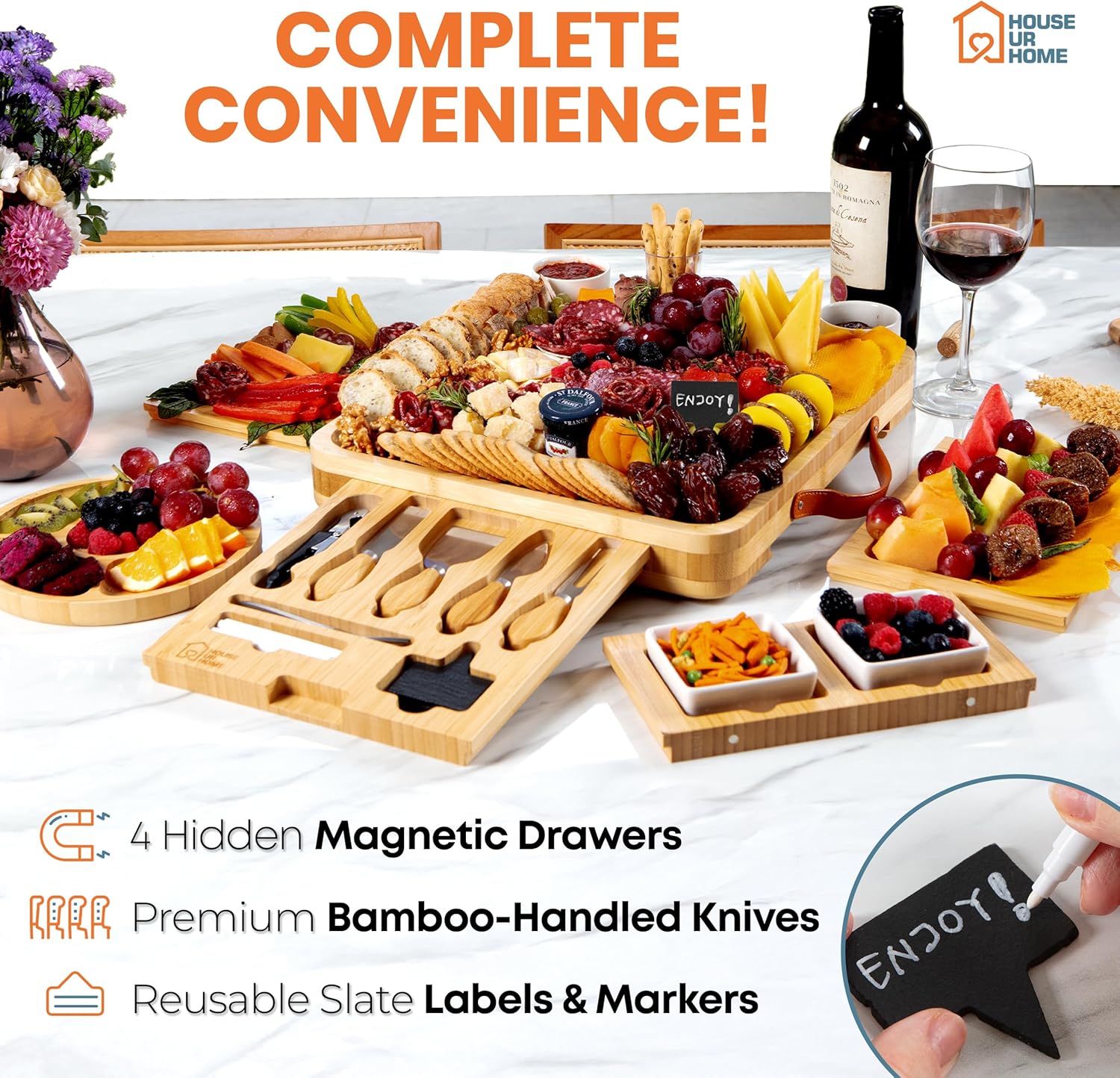 Large Bamboo Charcuterie Boards Gift Set with 4 Hidden Drawers, Cheese Knives, Ceramic Bowls & Plates, Recipe Book, Perfect House Warming Gifts New Home