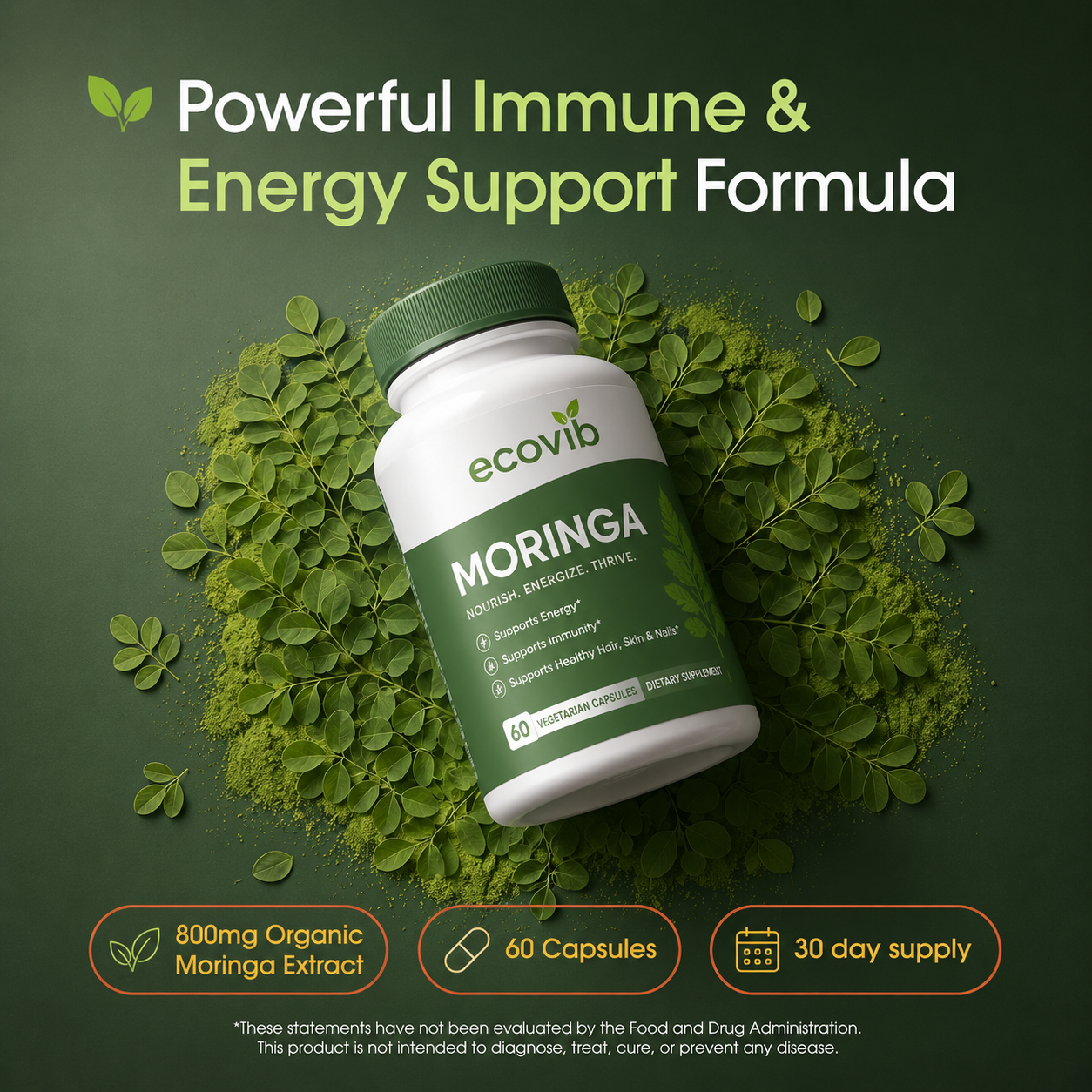 Ecovib Organic Moringa Capsules 800mg – Energy & Immune Support – 60 Vegetarian Capsules