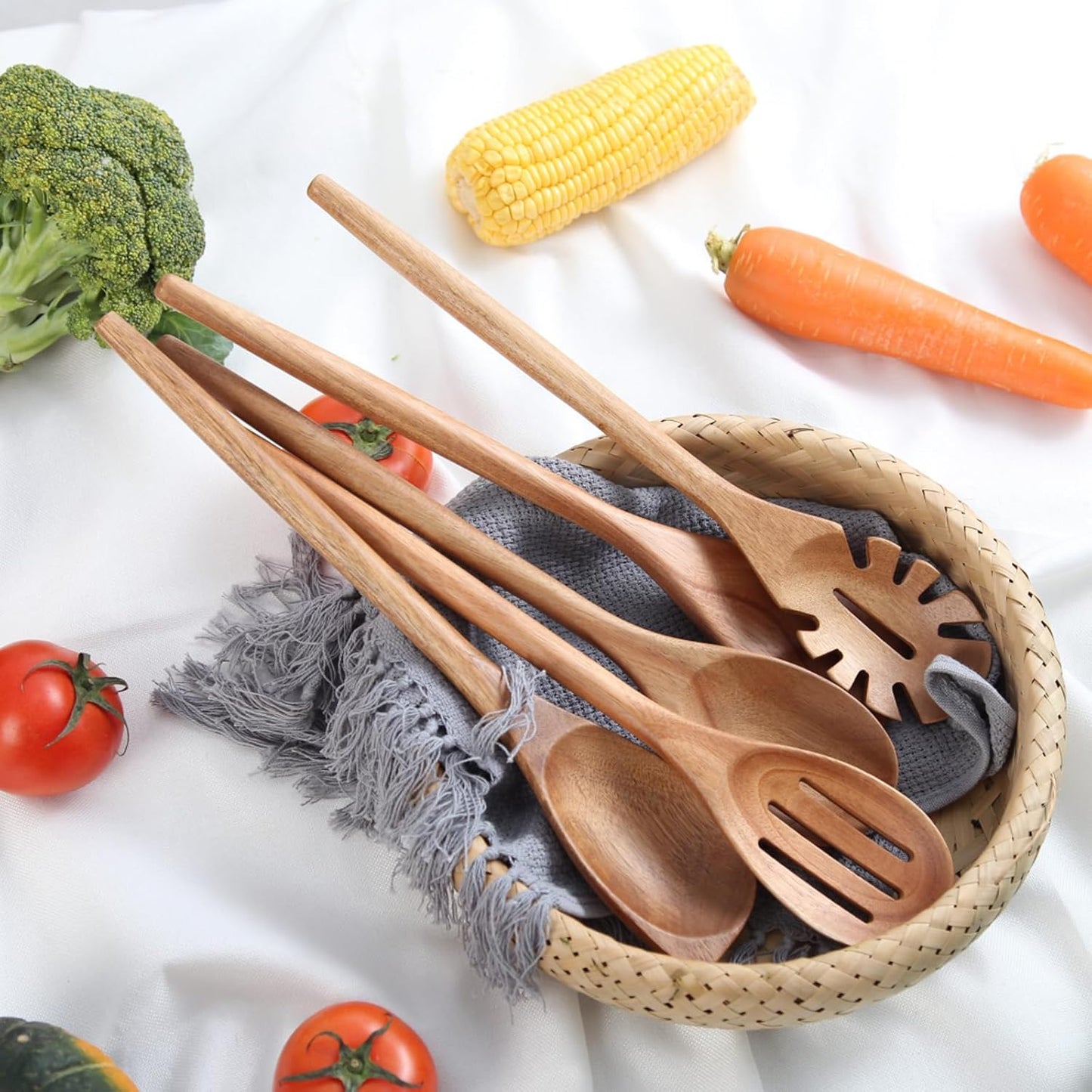 2PCS Acacia Wooden Spoons for Cooking-14 Inch Smooth Finish Cooking Spoons-Comfortable Grip Wood Spoons for Cooking - Non-Stick Cooking Utensils (Spoon + Corner Spoon)