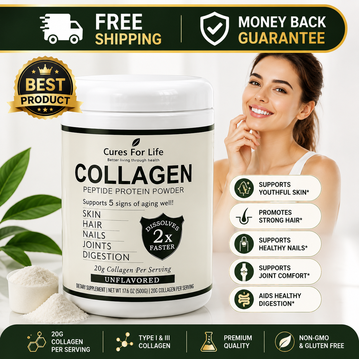 Cures For Life Collagen Peptides Powder 500g with Type I and III collagen for skin hair nails and joints.