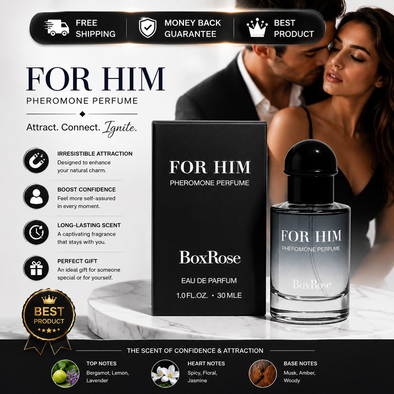 BoxRose For Him Pheromone Perfume for Men 30ml Eau de Parfum with black packaging