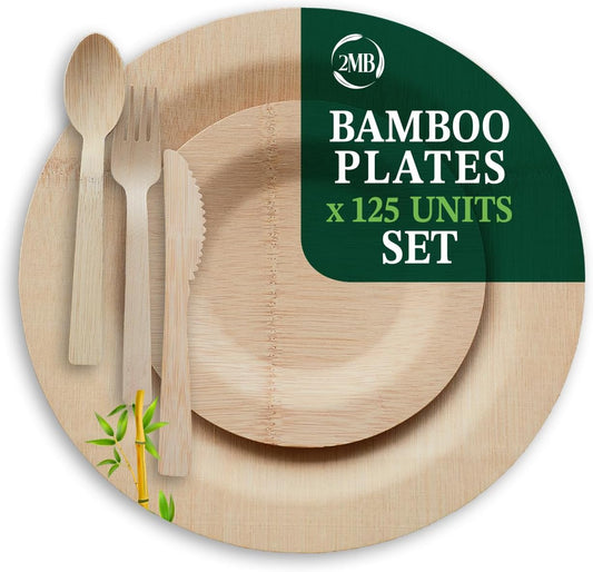 Eco-Friendly round Bamboo Reusable Plates Set - 125 Pieces Compostable Dinnerware, 11-Inch and 7-Inch Sizes for Summer Dishes