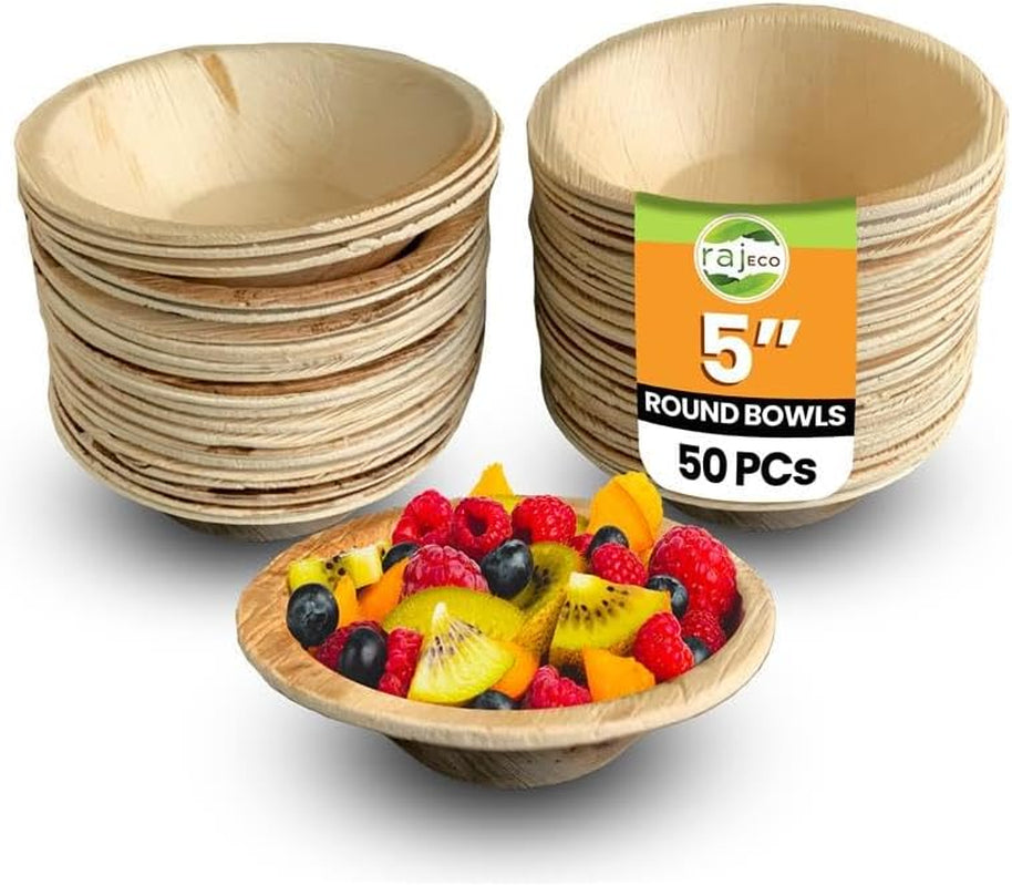 Raj Disposable Palm Leaf Bowls (50 Count, 6" Bowls) Strong Bowl like Bamboo Party Bowl - Decorative Compostable Tableware for Lunch, Dinner, Birthday, Outdoor, BBQ, Picnic, Parties