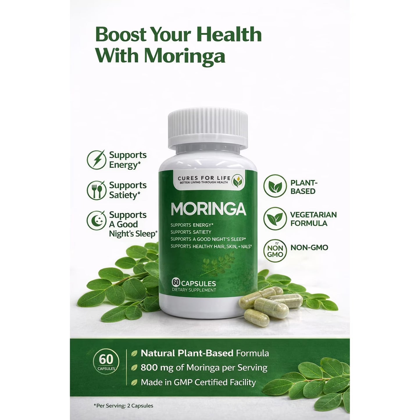 Moringa Capsules 6000mg 60 Count Moringa Leaf Extract for Energy & Immune Support