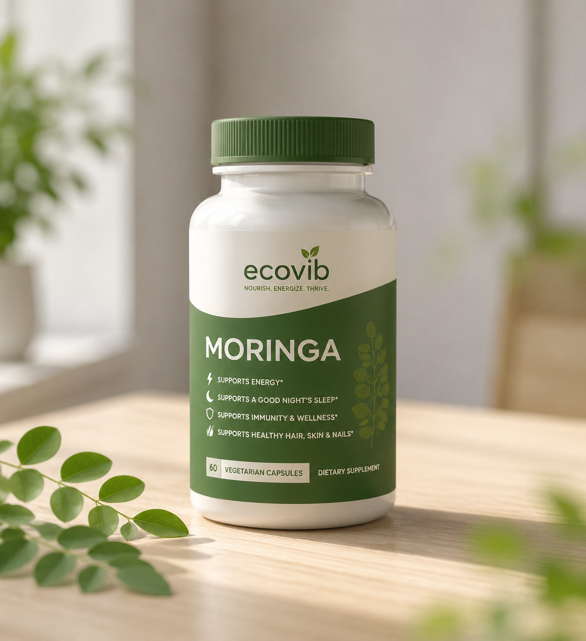 Ecovib Organic Moringa Capsules 800mg – Energy & Immune Support – 60 Vegetarian Capsules