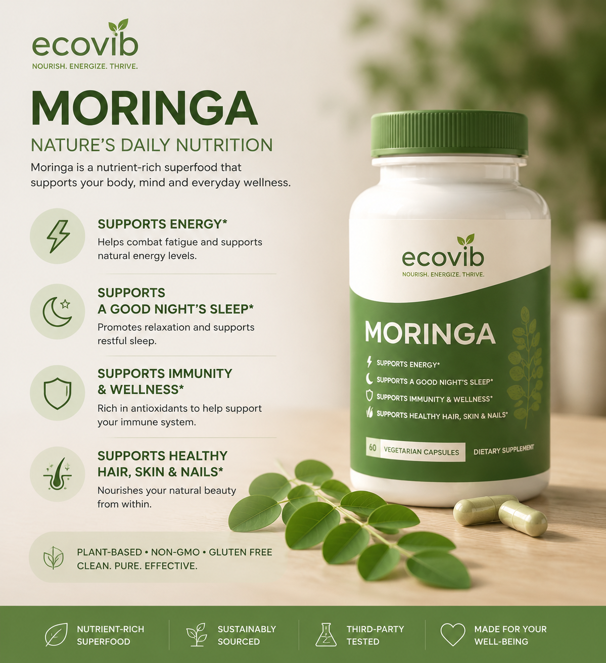 Ecovib Organic Moringa Capsules 800mg – Energy & Immune Support – 60 Vegetarian Capsules