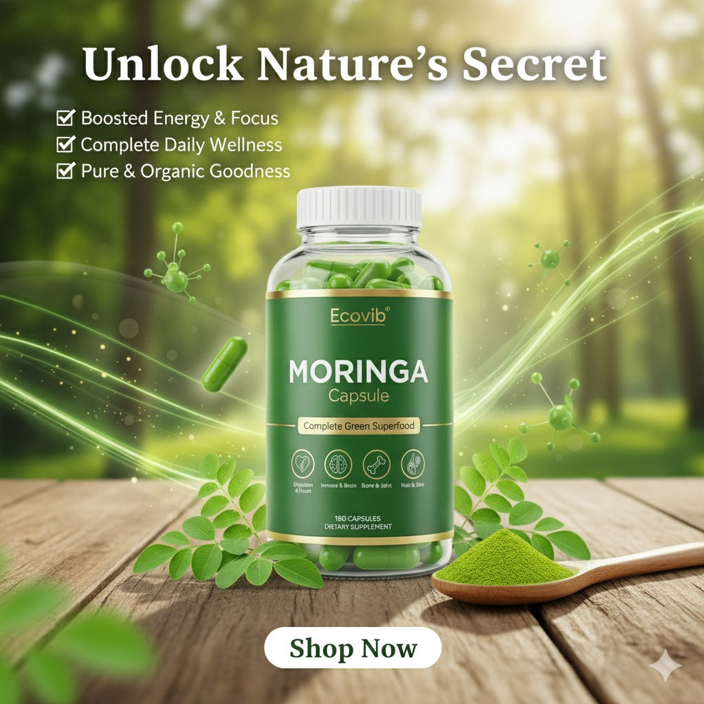 Bottle of Ecovib Moringa Capsules with green leaves and powder on a wooden surface, forest background.