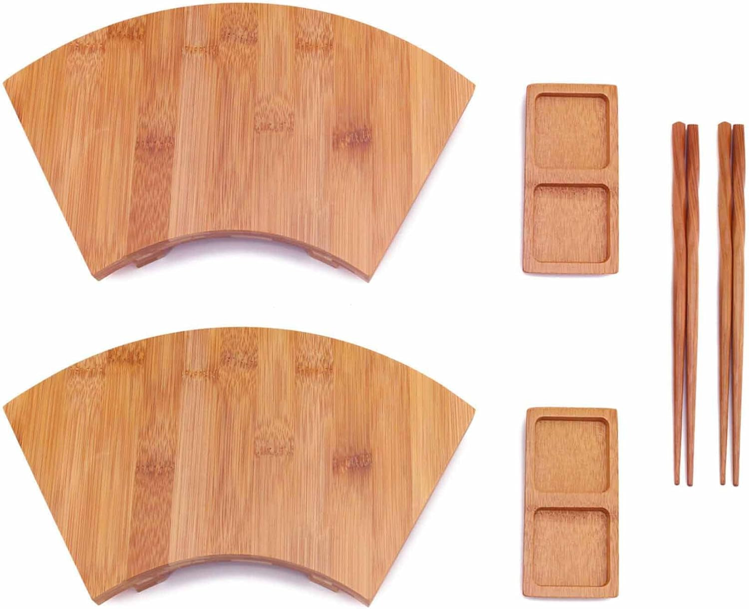 Bamboomn Bamboo Sushi Plate/Tray, Chopsticks and Compartment Sauce Dish, 8.3" Rectangle - 4 Sets