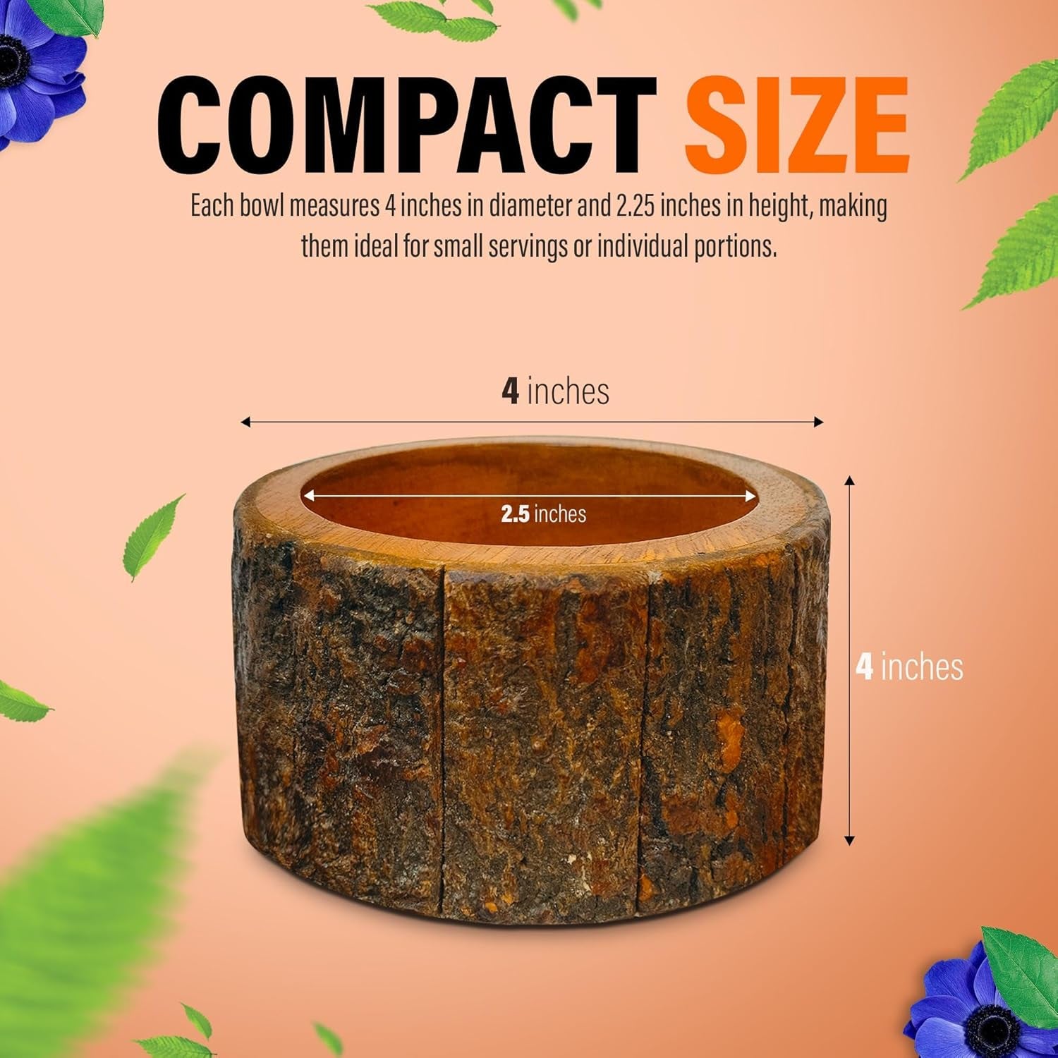 Wooden Salad Bowl Set – round Mango Wood Bowls with Tree Bark for Salad, Fruits & Food, Decorative Kitchen Bowls (Set of 3)