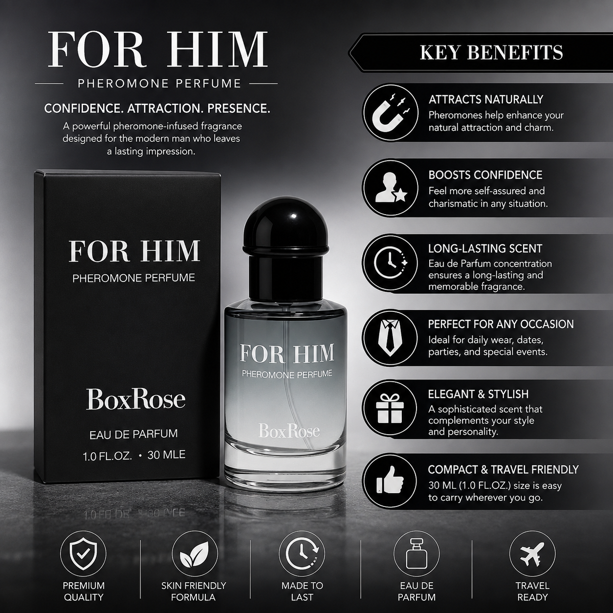 BoxRose For Him 30ml long-lasting pheromone Eau de Parfum bottle and box