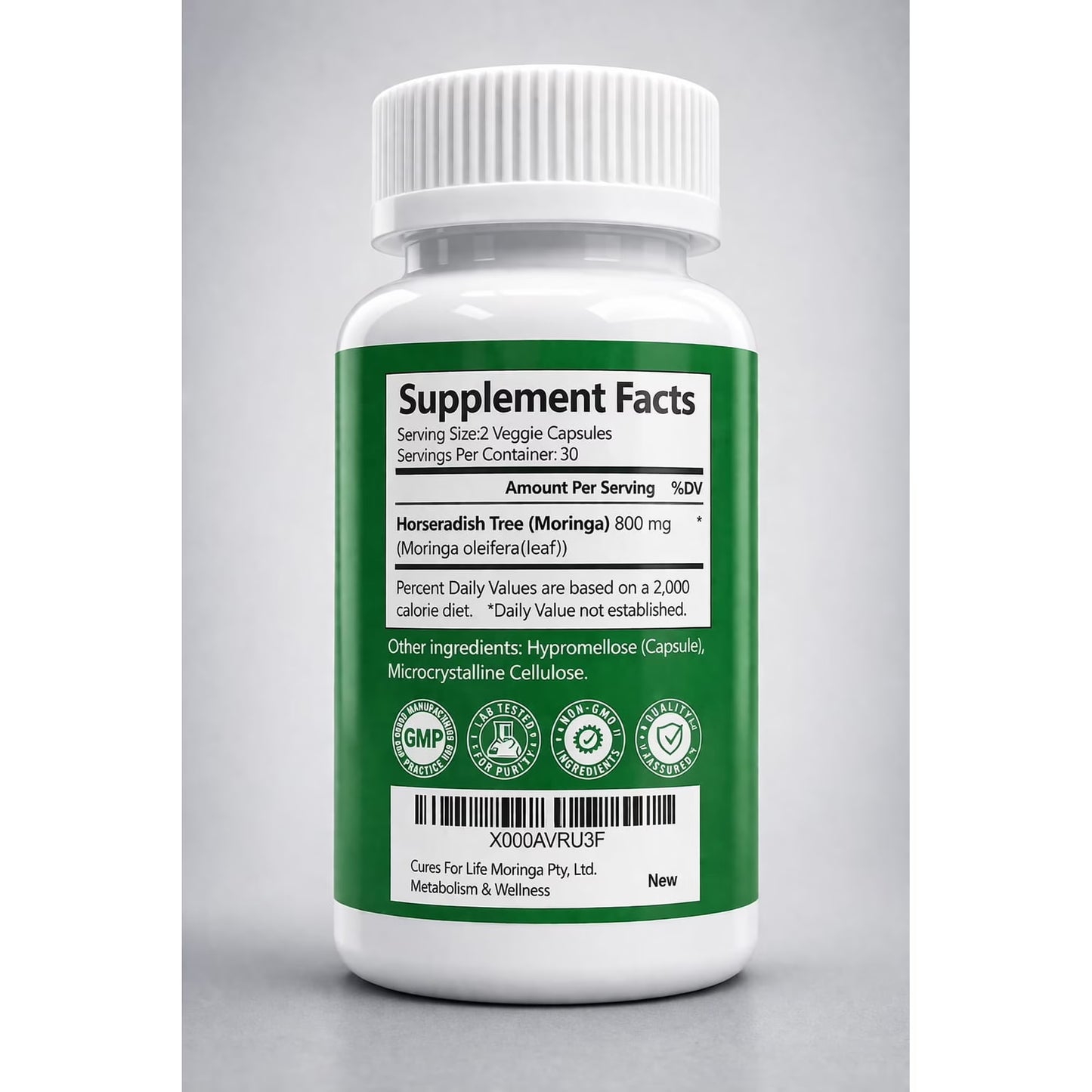 Moringa leaf extract capsules supporting energy, metabolism and immune wellness.