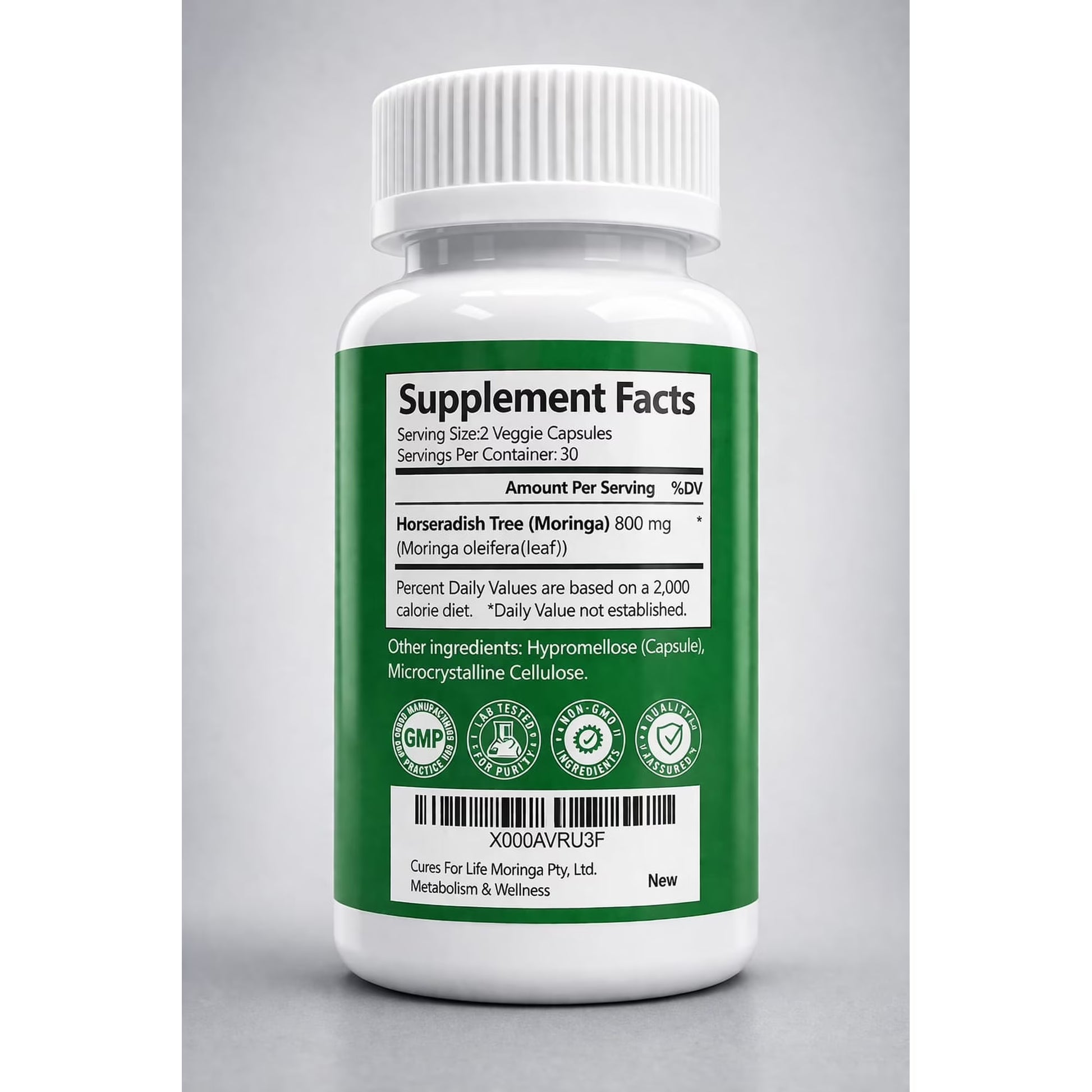 Moringa leaf extract capsules supporting energy, metabolism and immune wellness.
