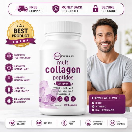 Premium Multi Collagen Complex Capsules with Types I II III V and X collagen for skin hair nails and joint support.