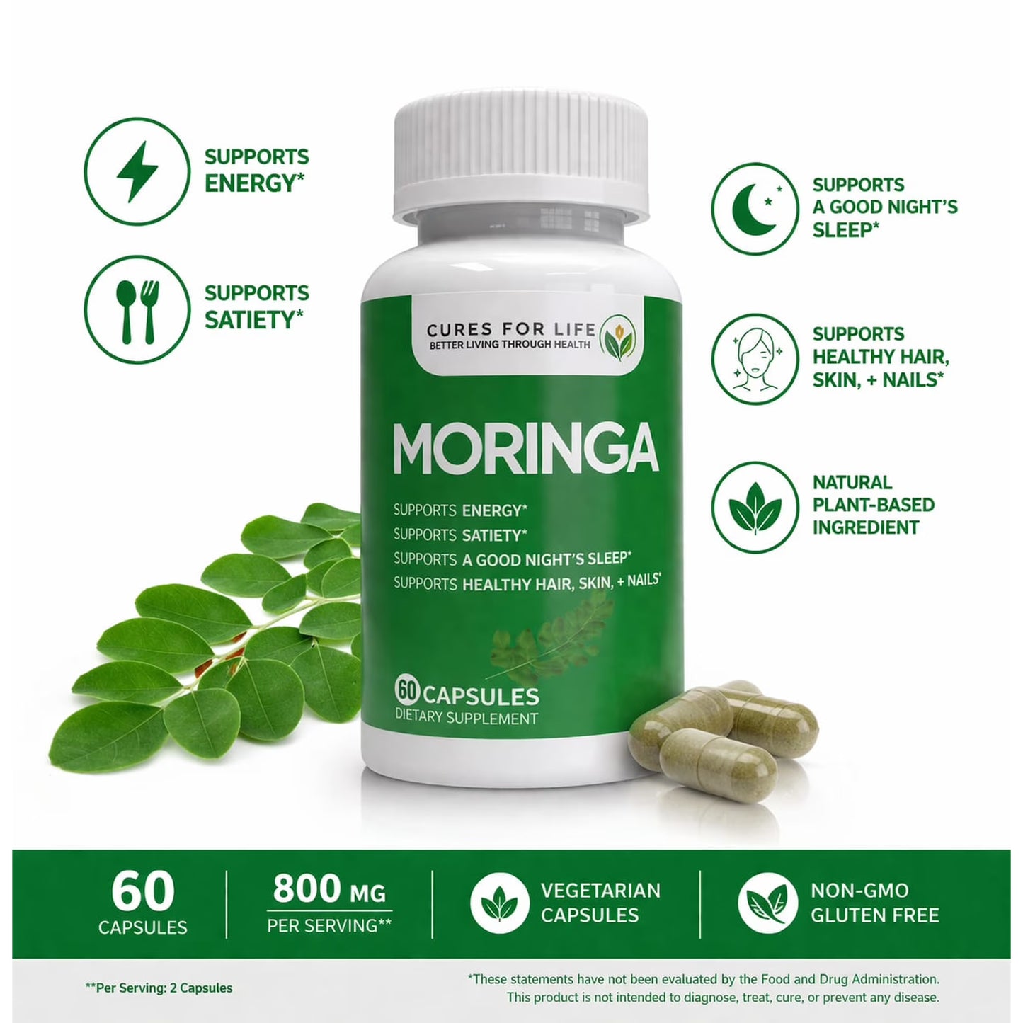 Cures For Life 60 count vegetarian Moringa capsules with non-GMO and gluten-free formula.