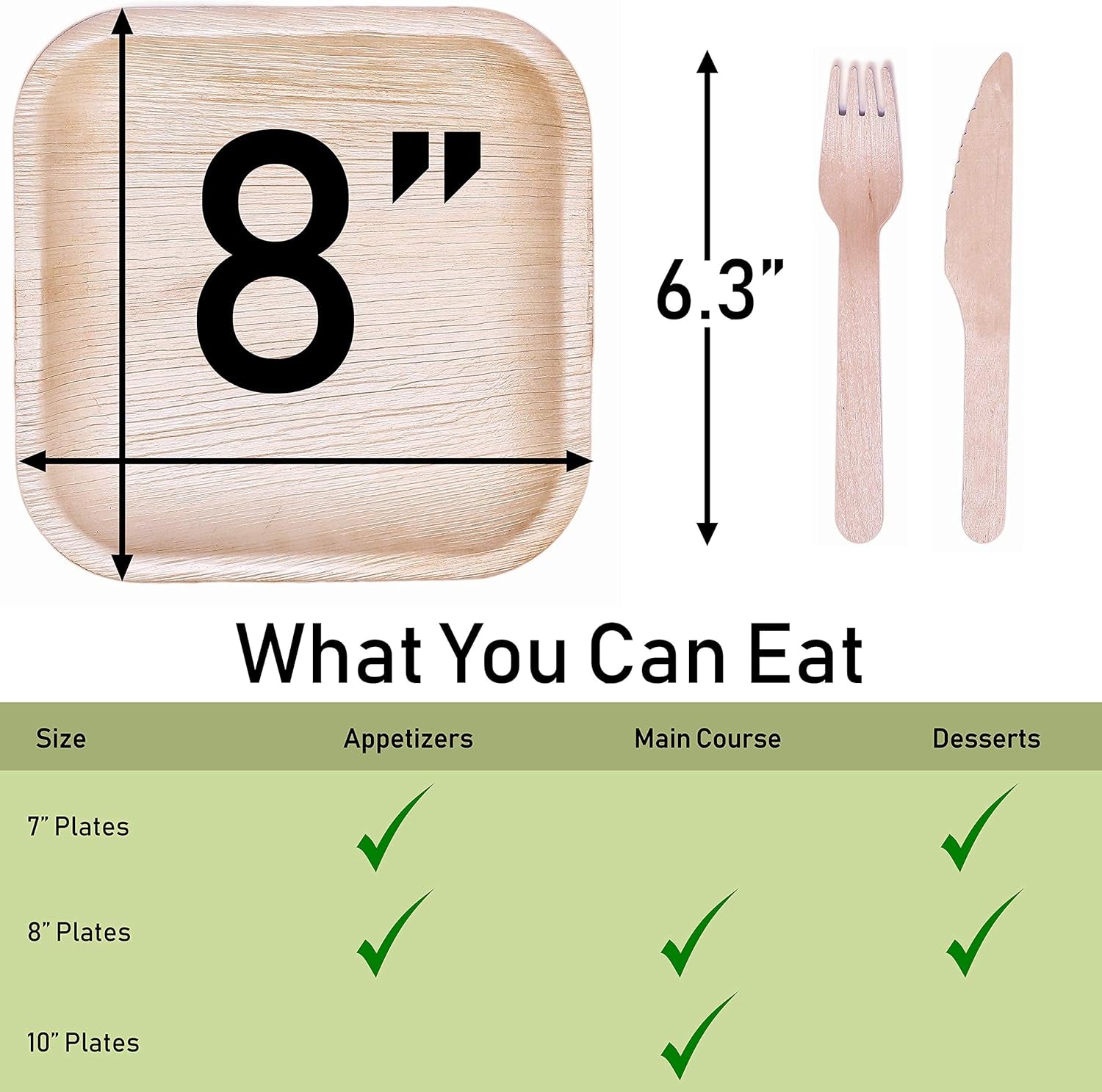 HABBIBI Bamboo Plates Disposable with Cutlery (25 Forks & 25 Knives) - 8" Eco Friendly Palm Leaf Plates, 100% Biodegradable & Compostable Party Plates (8 Inch) Better than Plastic and Paper Plate