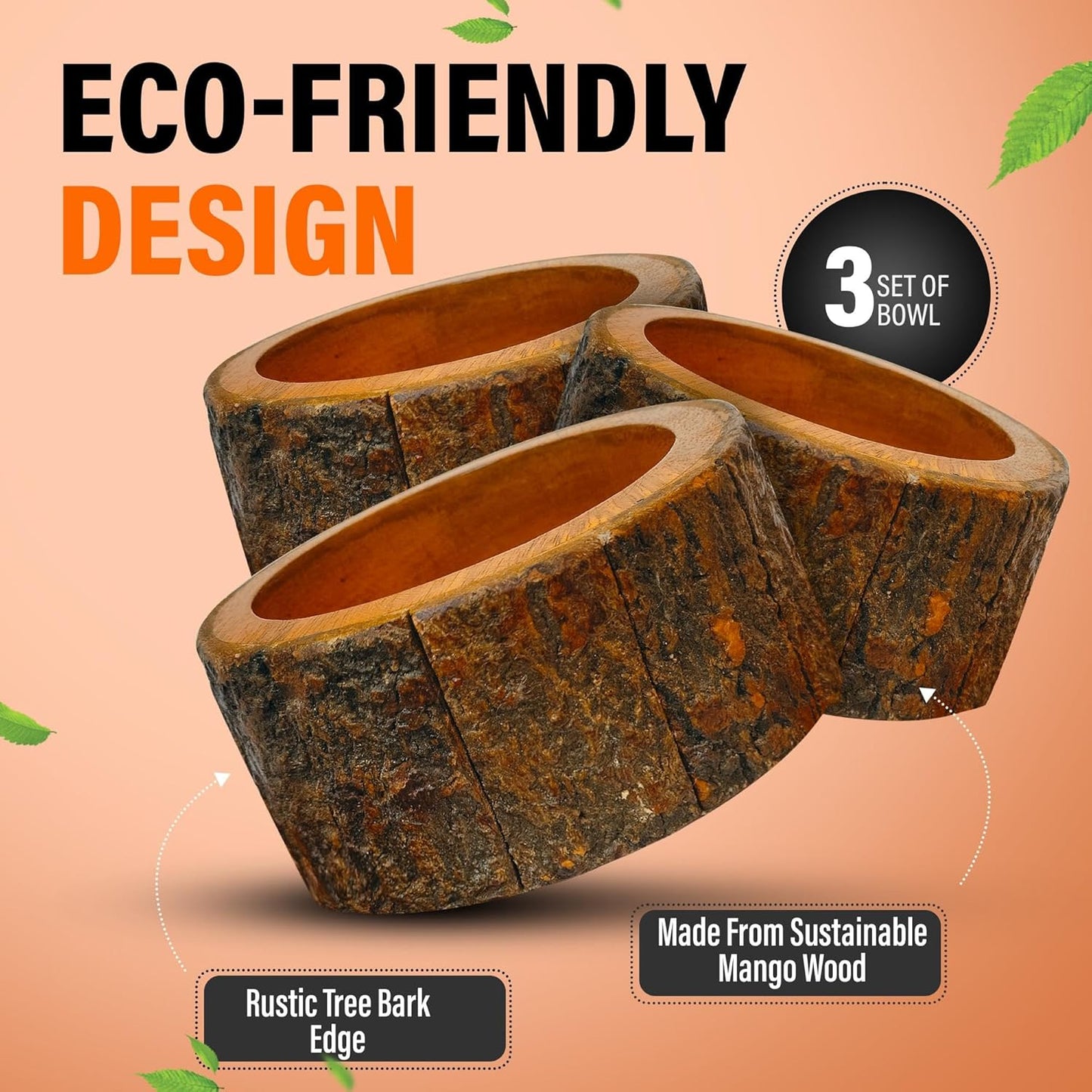 Wooden Salad Bowl Set – round Mango Wood Bowls with Tree Bark for Salad, Fruits & Food, Decorative Kitchen Bowls (Set of 3)