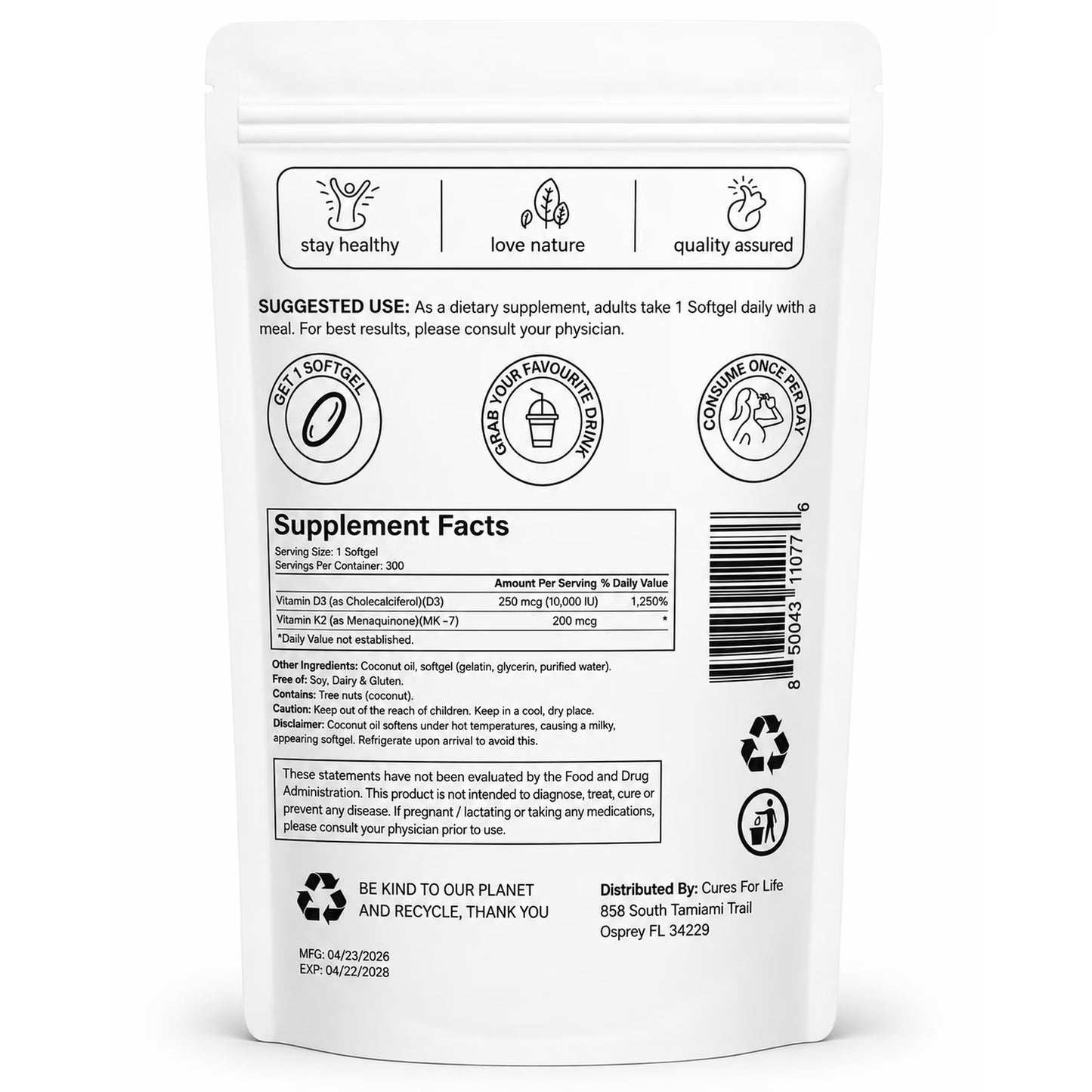 Vitamin D3 10000 IU with K2 MK-7 200 mcg, 300 Softgels