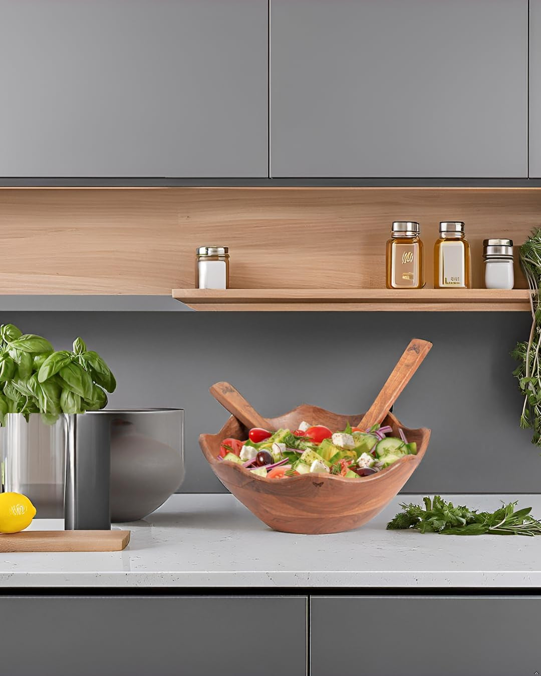 Melvvi Large Wooden Salad Bowl Set – 12" Acacia Wood Serving Bowl with 2 Utensils | Scratch-Resistant - for Salad, Pasta & Fruits | Great Fathers Day Gift for Kitchen & Dining (Natural Wooden)