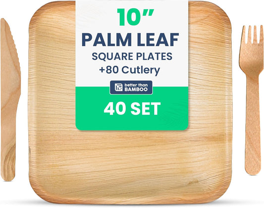 40 Disposable Plates (10 Inch) + 80 FREE Compostable Cutlery (40 Forks, 40 Knives) | Heavy Duty Party Plates | Biodegradable, Eco-Friendly, Alternative to Bamboo, Wood, Paper, Plastic